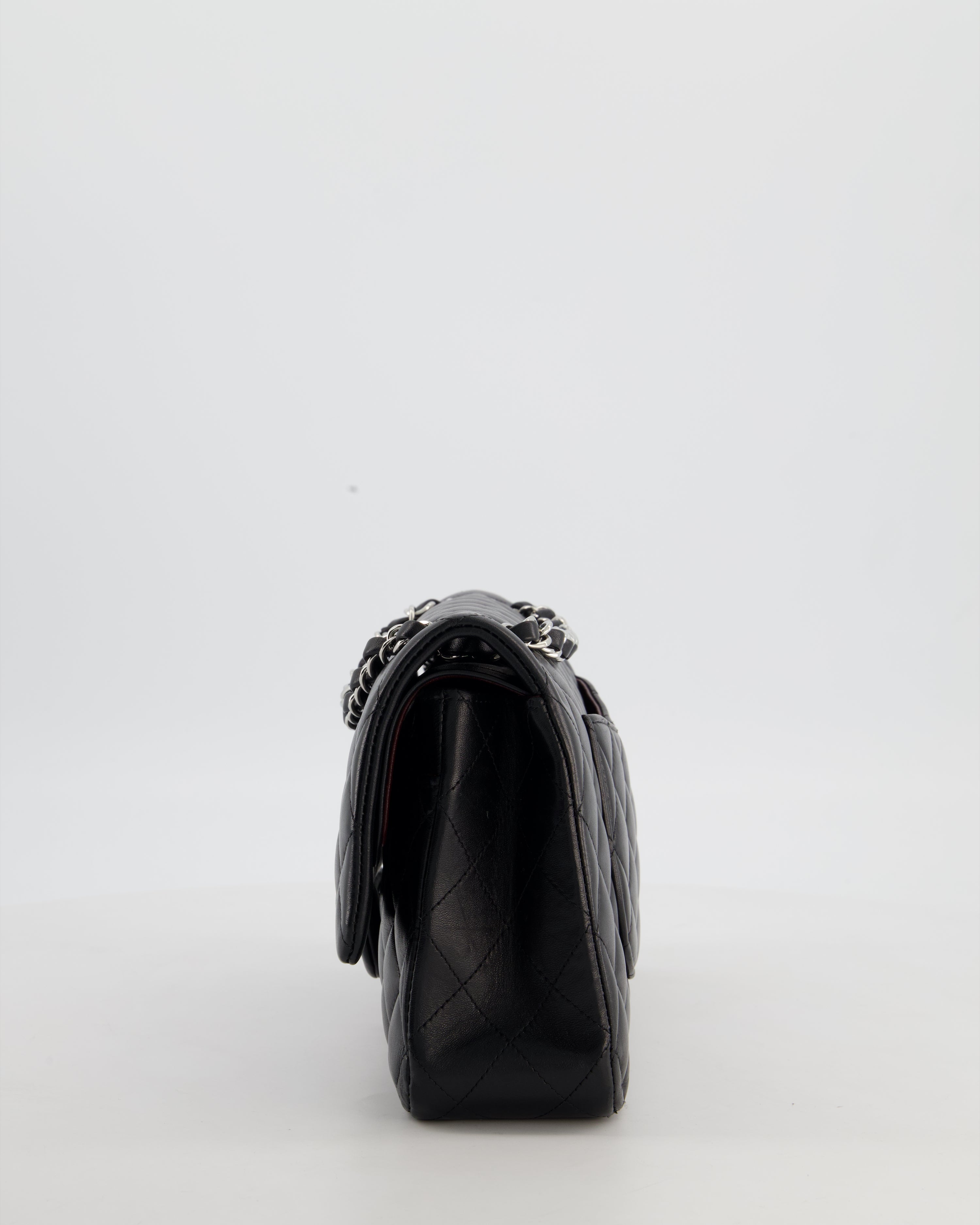 Chanel Black Medium Classic Double Flap Bag in Lambskin Leather with Silver Hardware