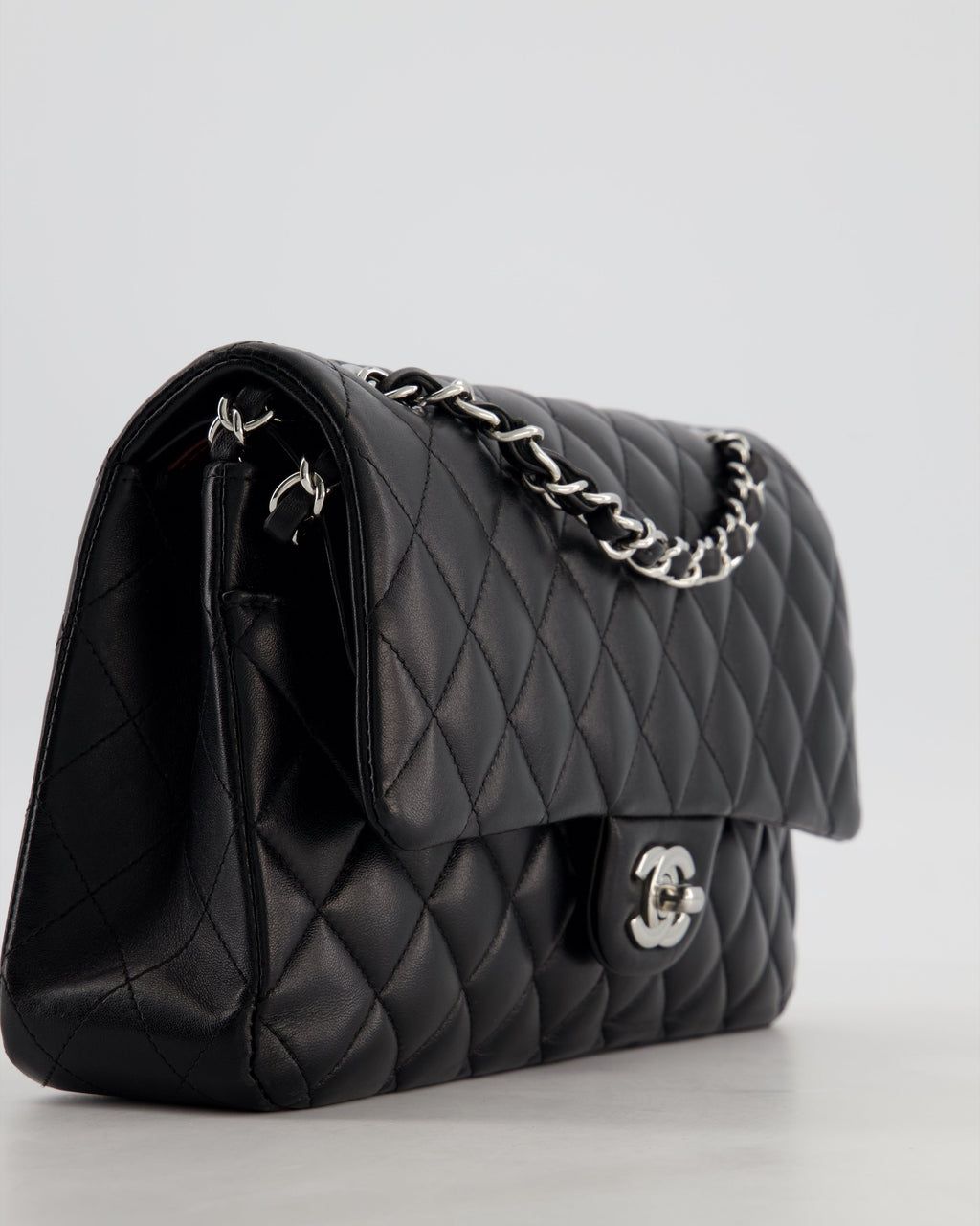 Chanel Black Medium Classic Double Flap Bag in Lambskin Leather with Silver Hardware