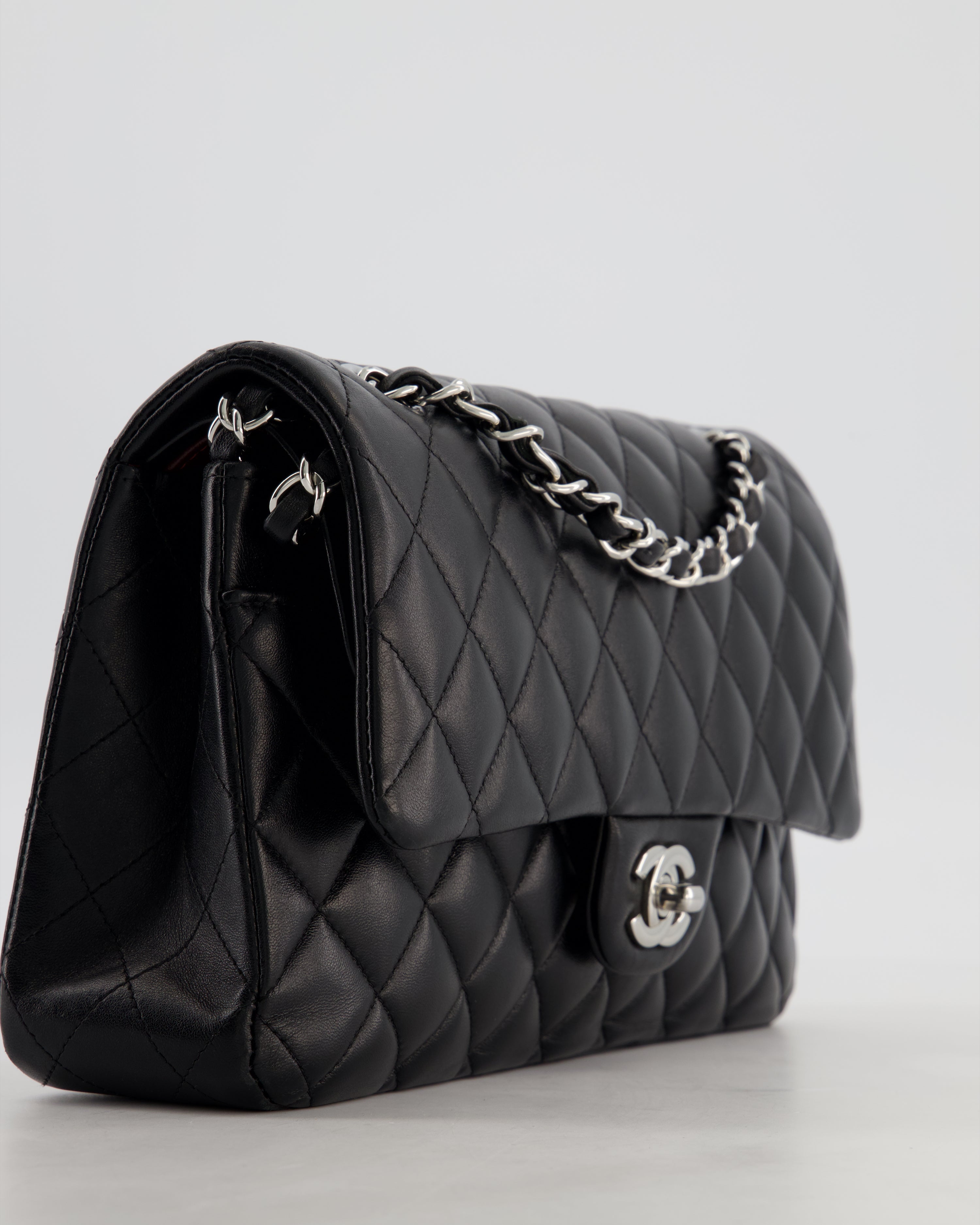 Chanel Black Medium Classic Double Flap Bag in Lambskin Leather with Silver Hardware
