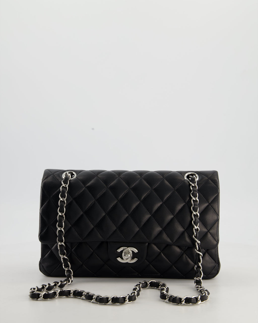 Chanel Black Medium Classic Double Flap Bag in Lambskin Leather with Silver Hardware