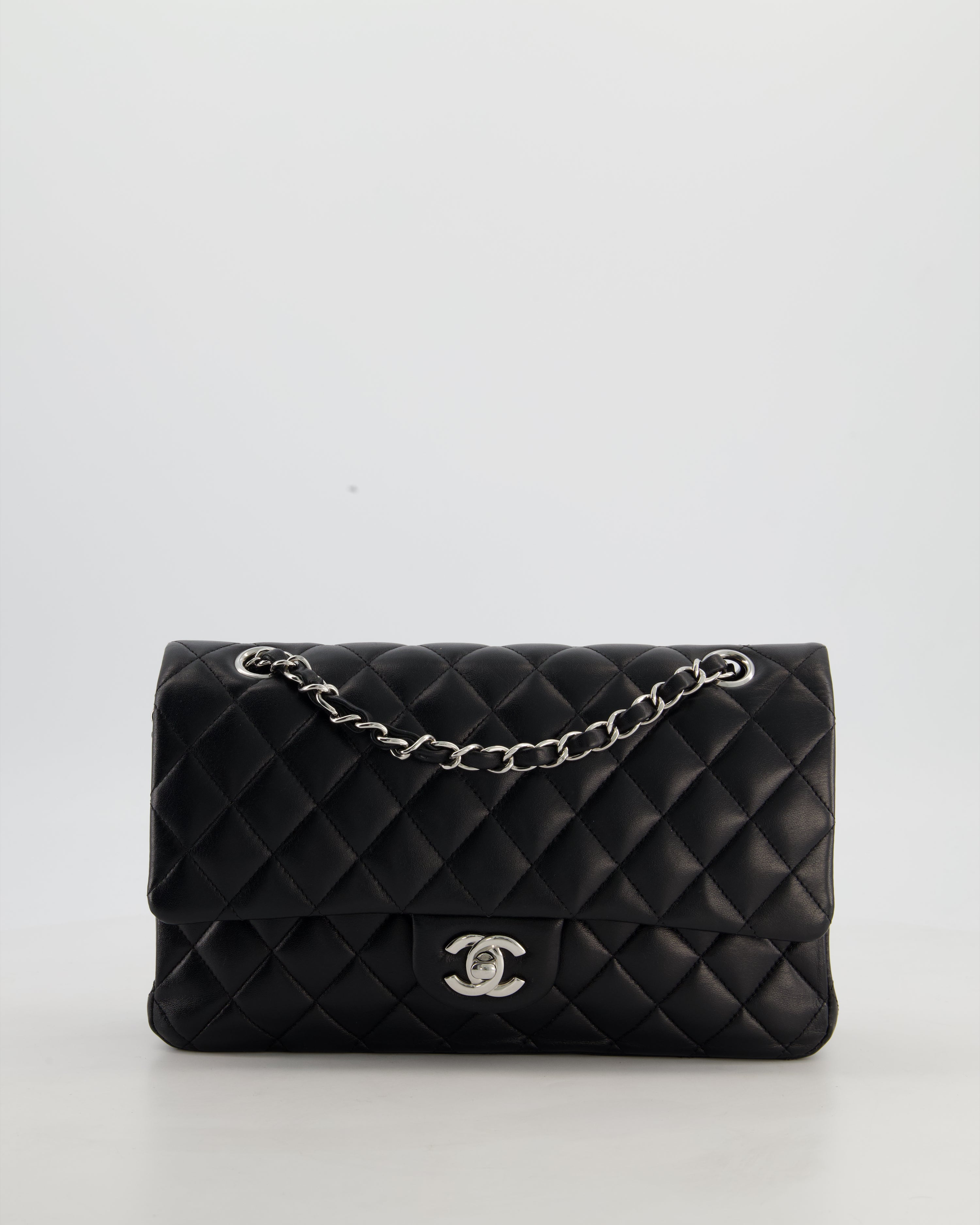 Chanel Black Medium Classic Double Flap Bag in Lambskin Leather with Silver Hardware