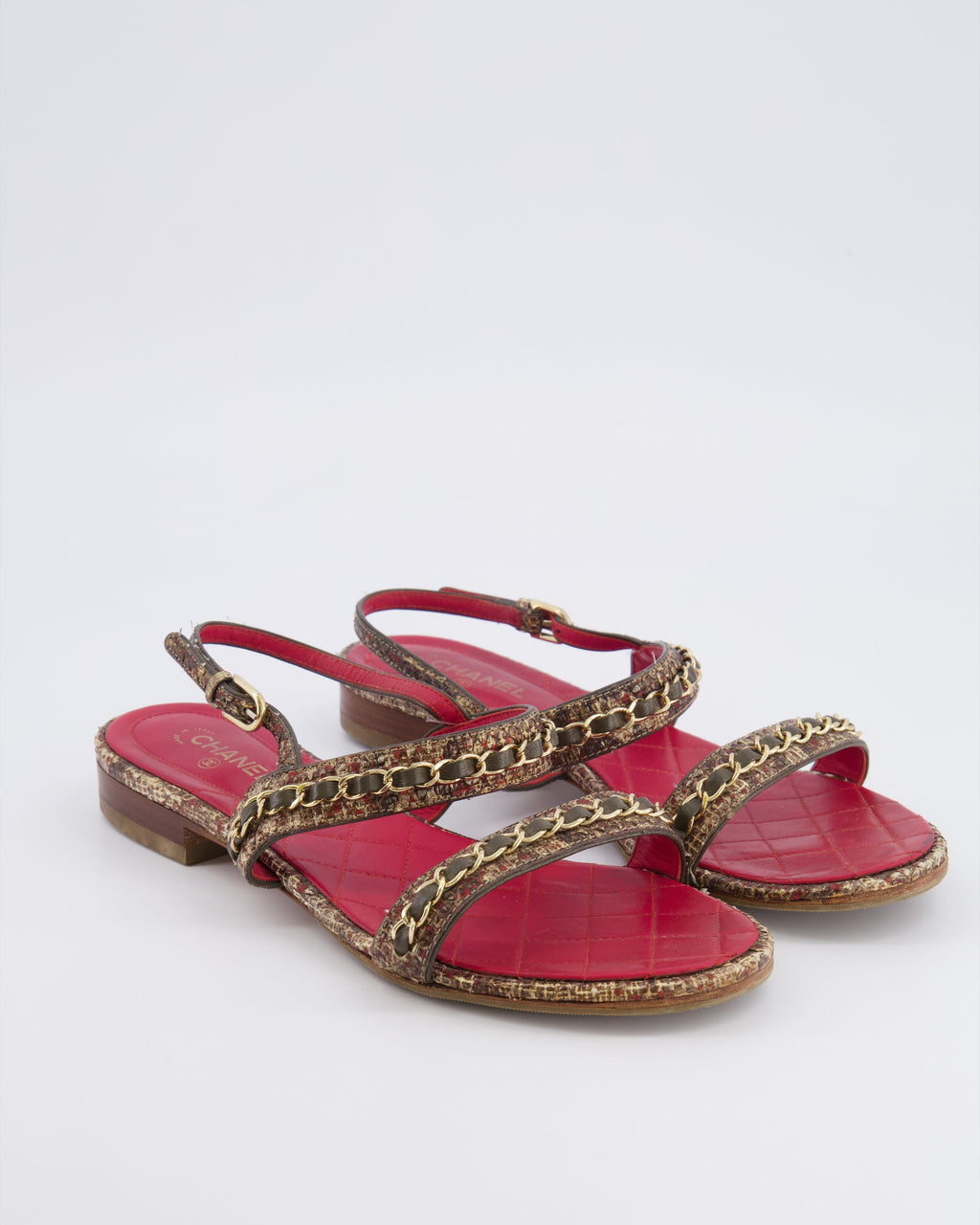 Chanel 16S Fantasy Python Sandals in Brown Python and Red Quilted Lambskin with Gold Chain and Gold CC Logo Detail Size 38.5C