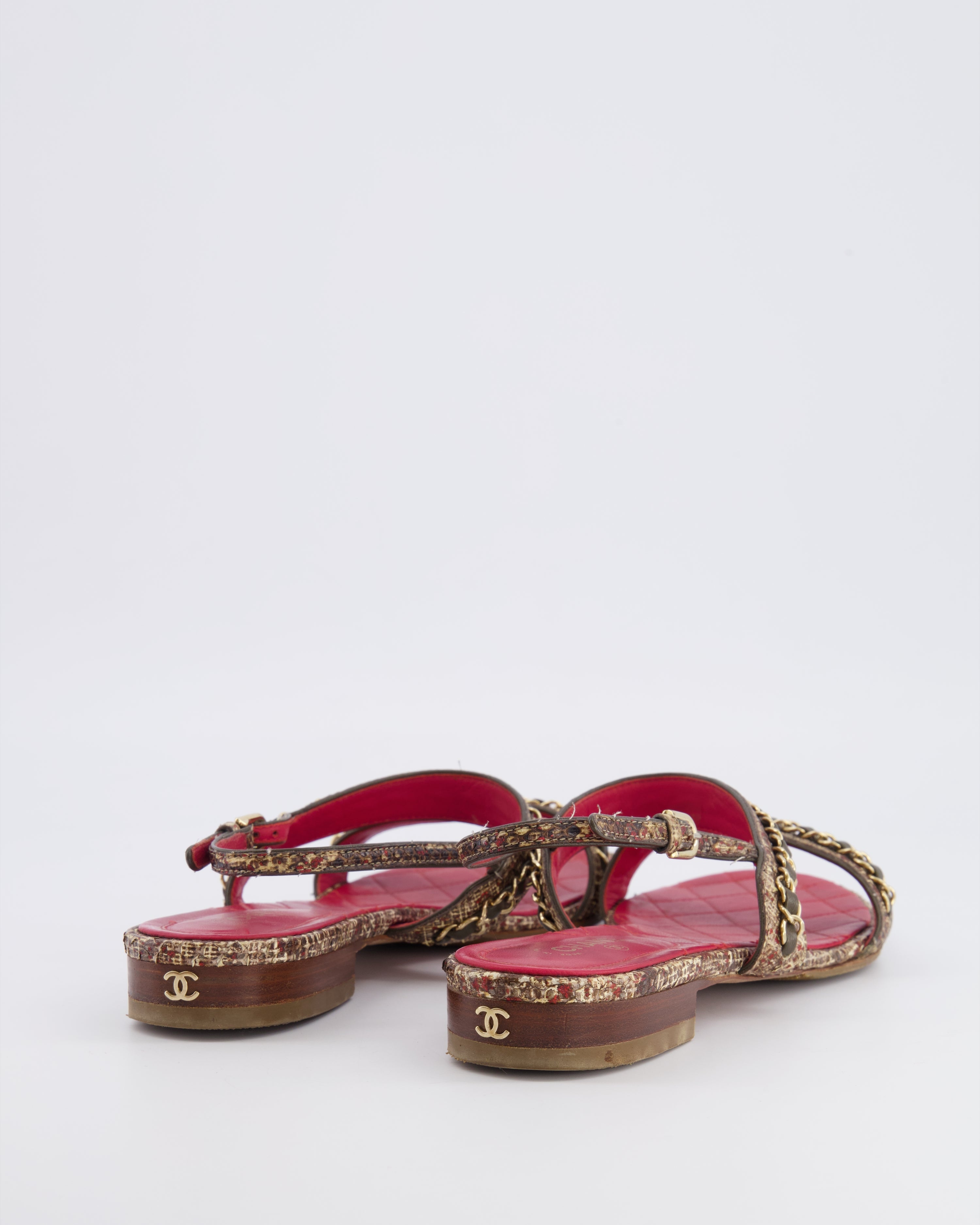 Chanel 16S Fantasy Python Sandals in Brown Python and Red Quilted Lambskin with Gold Chain and Gold CC Logo Detail Size 38.5C