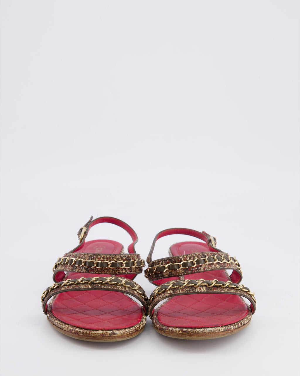 Chanel 16S Fantasy Python Sandals in Brown Python and Red Quilted Lambskin with Gold Chain and Gold CC Logo Detail Size 38.5C