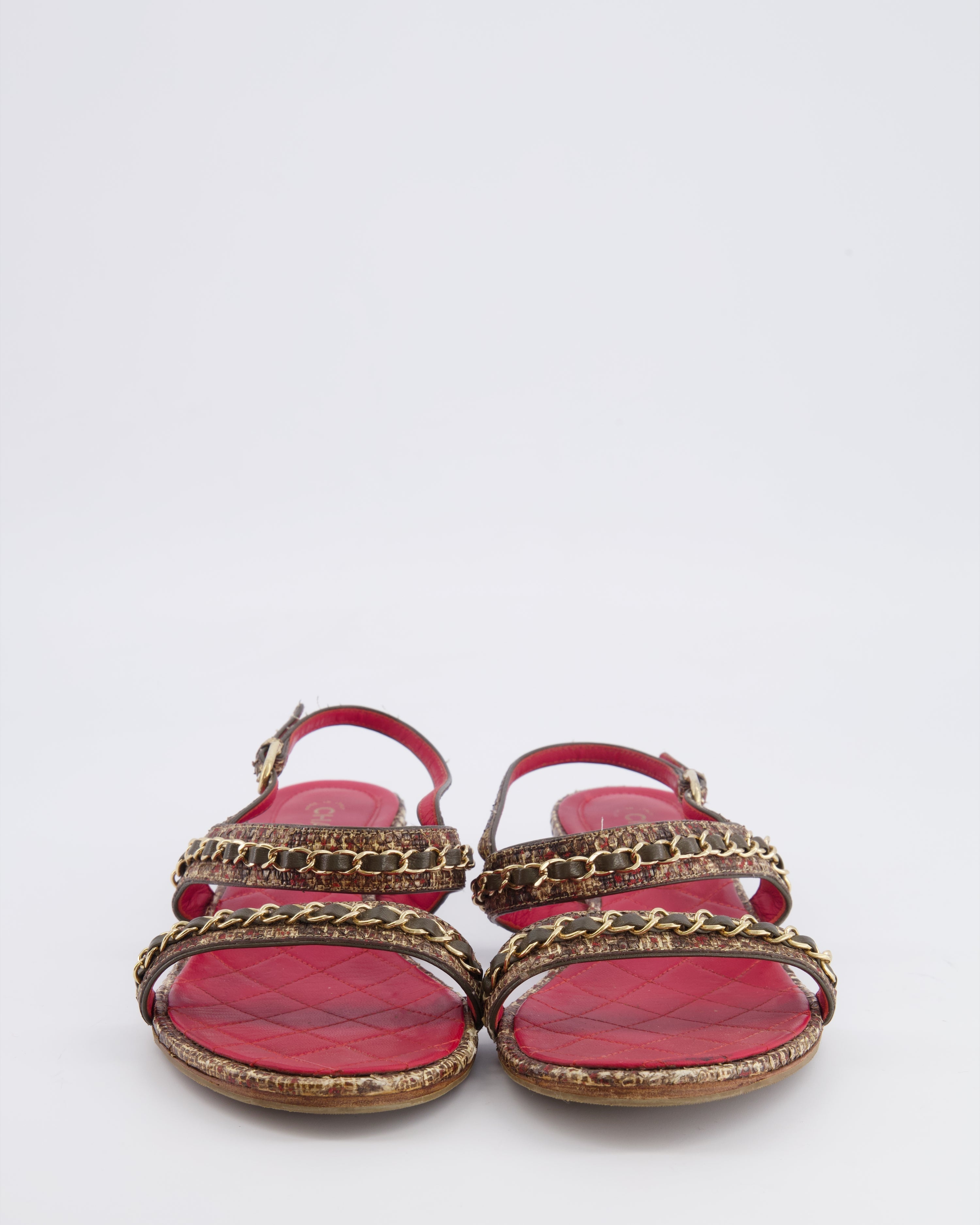 Chanel 16S Fantasy Python Sandals in Brown Python and Red Quilted Lambskin with Gold Chain and Gold CC Logo Detail Size 38.5C