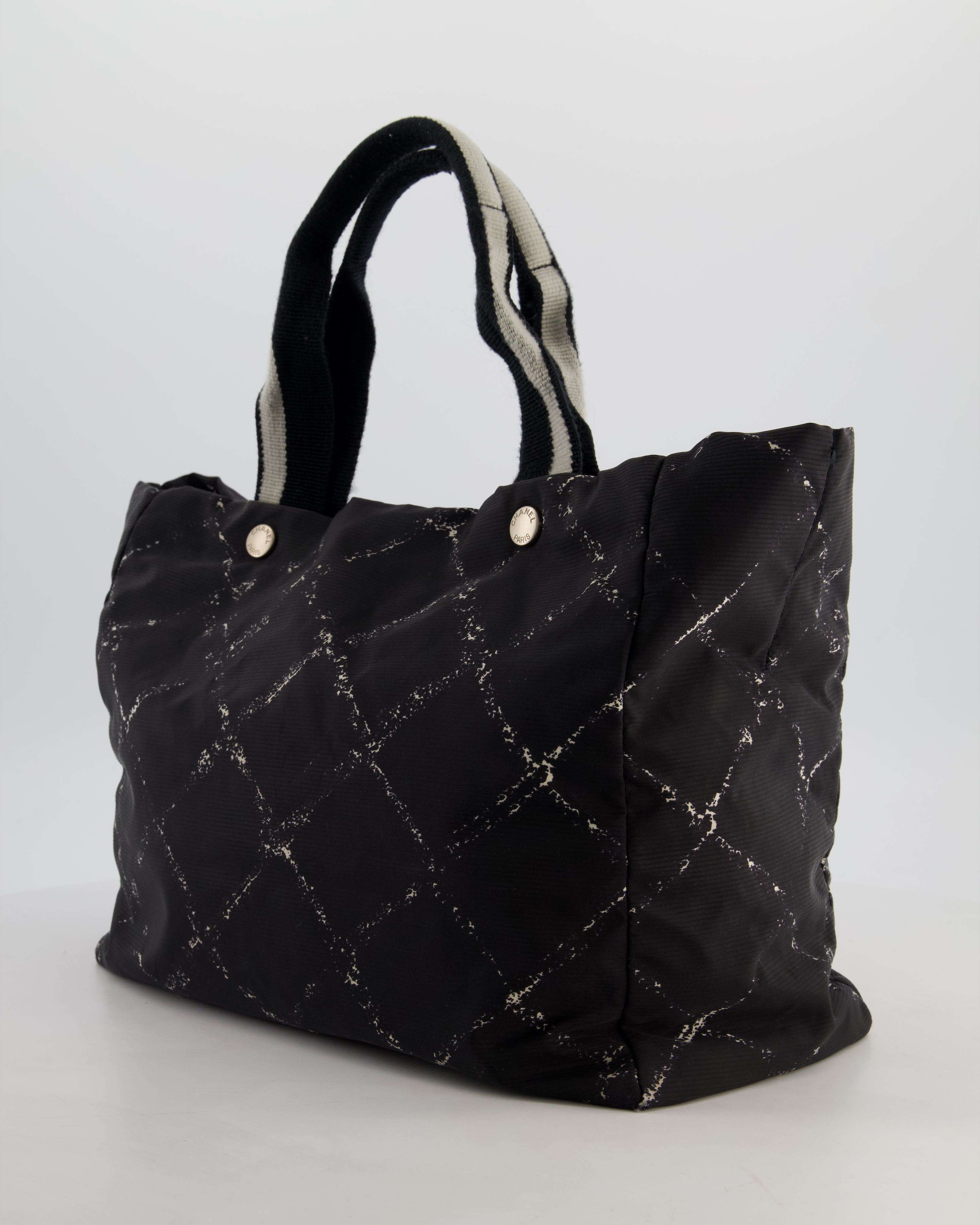 Chanel Black Nylon Quilted Print Tote Bag with Polished Silver Hardware