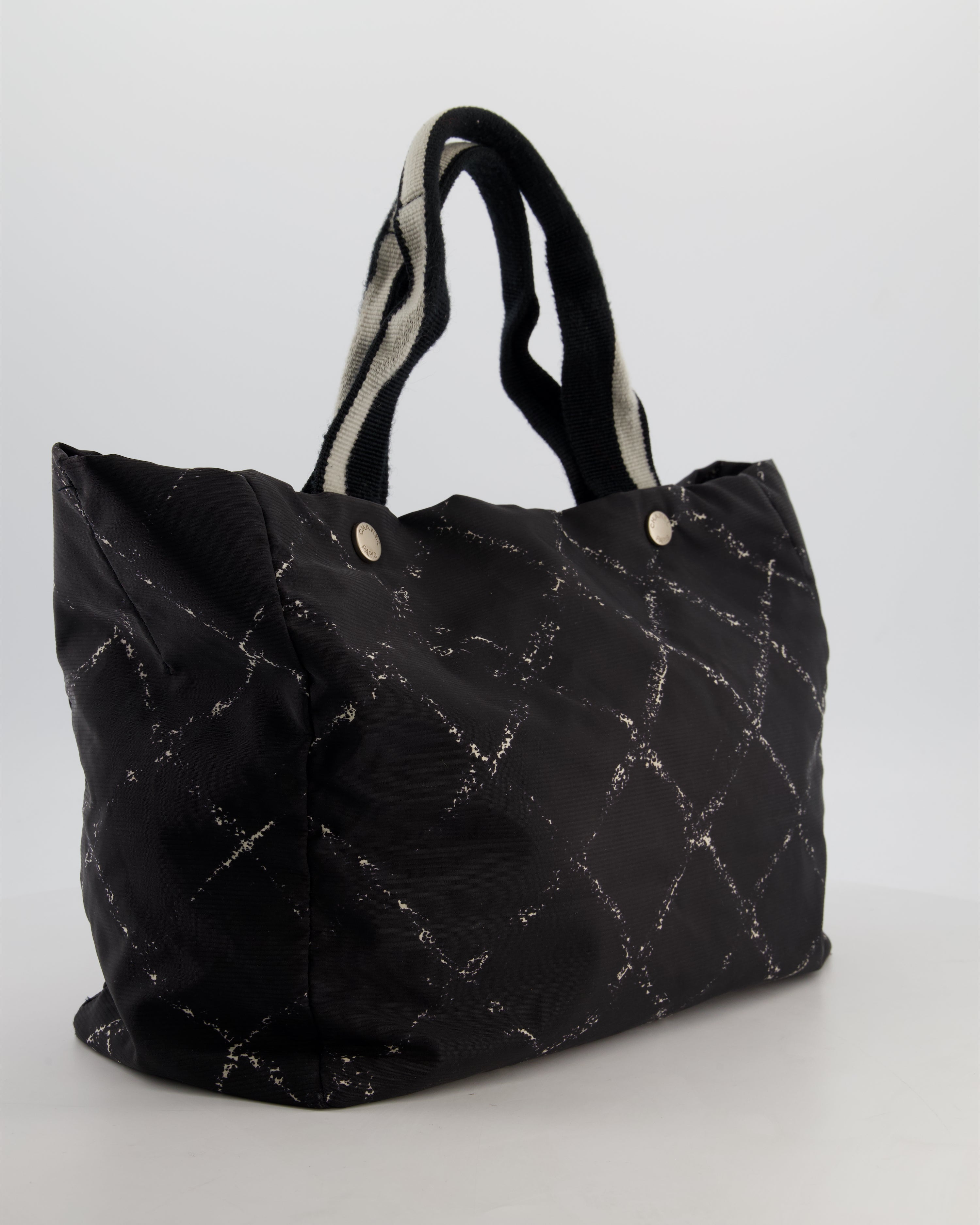 Chanel Black Nylon Quilted Print Tote Bag with Polished Silver Hardware