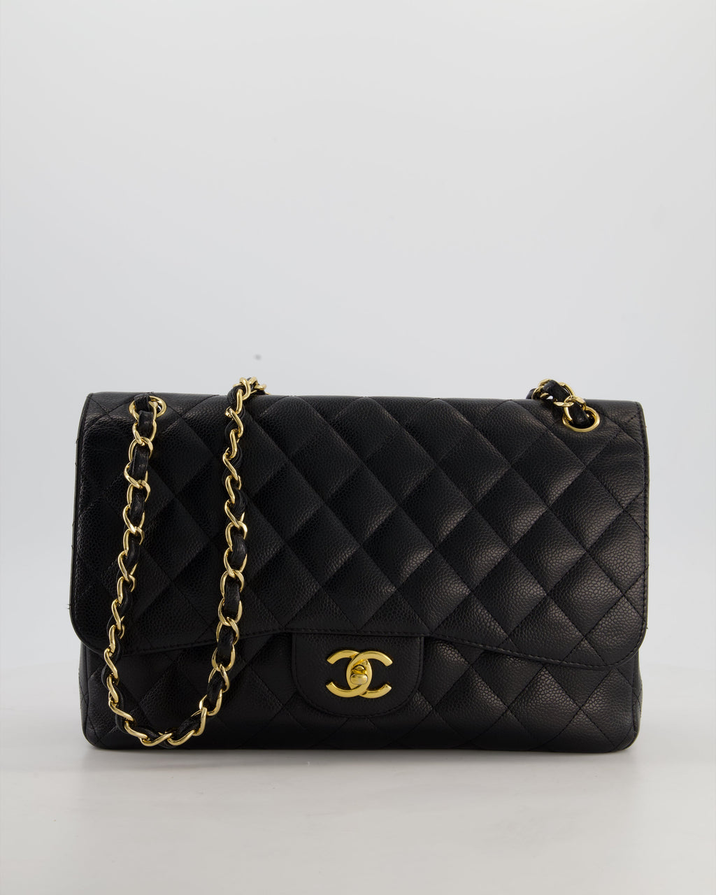 Chanel Black Jumbo Classic Double Flap Bag in Caviar Leather with Gold Hardware