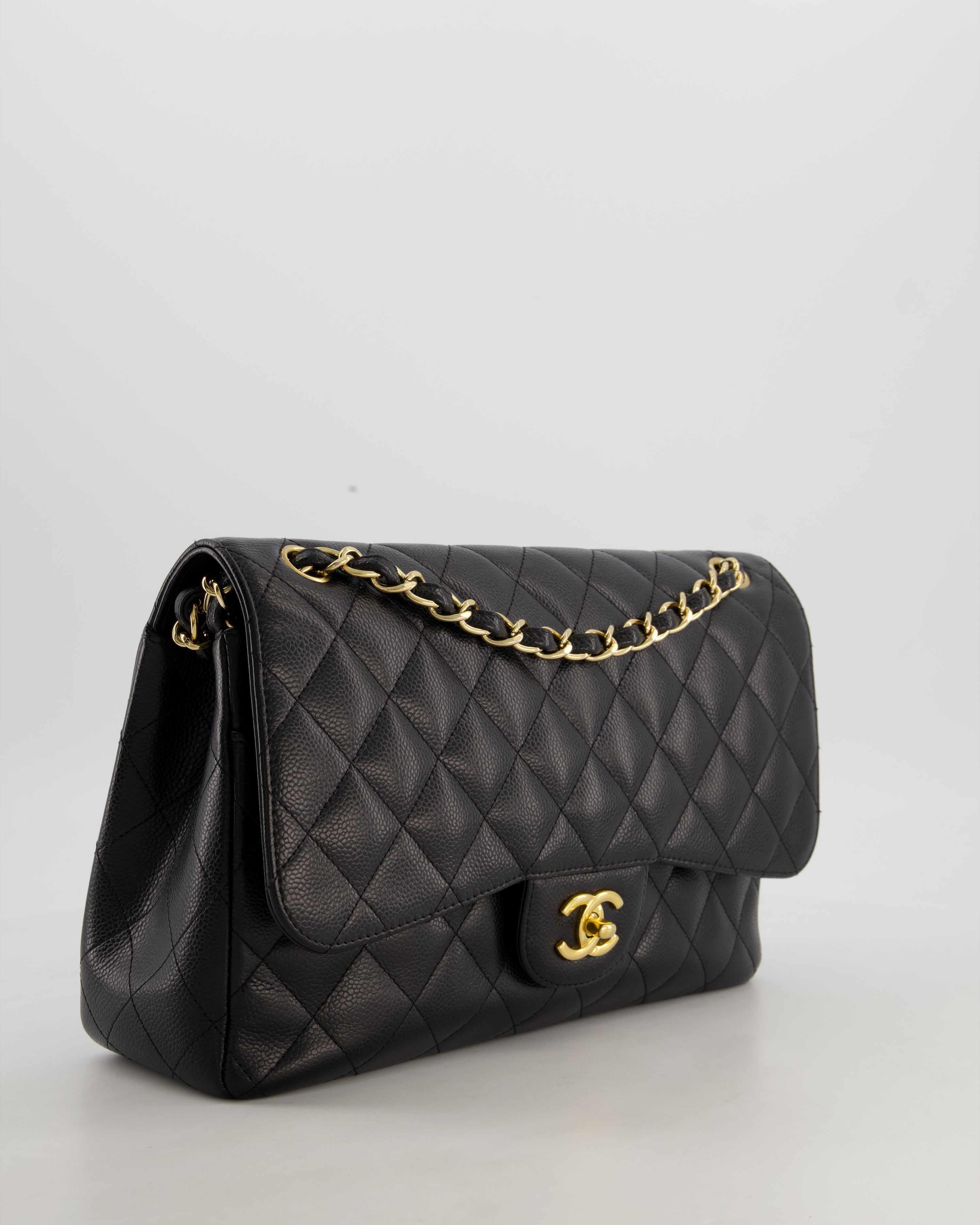 Chanel Black Jumbo Classic Double Flap Bag in Caviar Leather with Gold Hardware