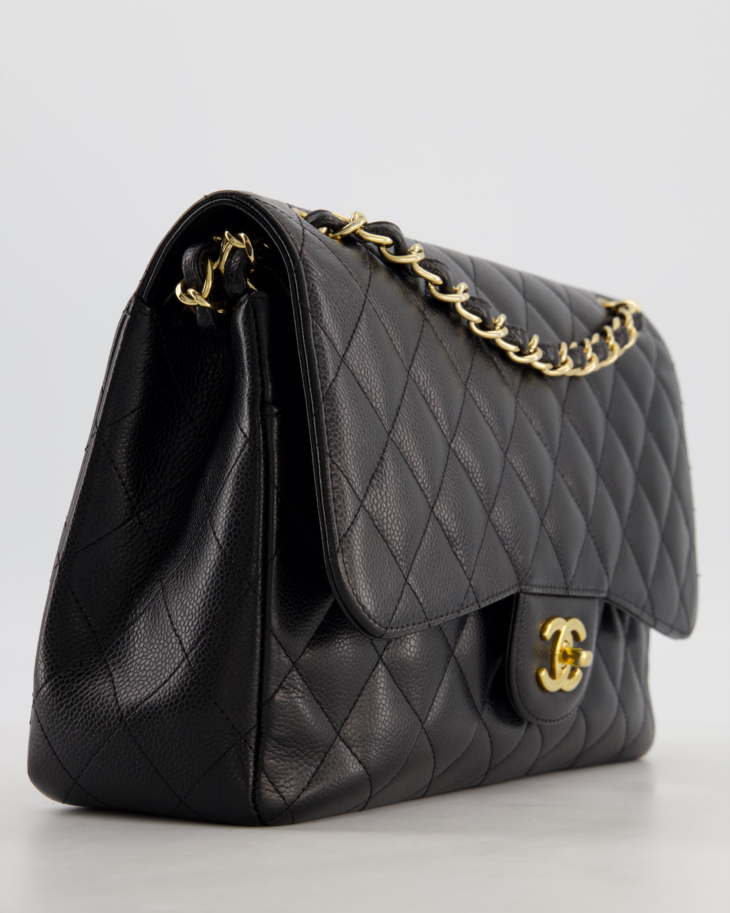 Chanel Black Jumbo Classic Double Flap Bag in Caviar Leather with Gold Hardware