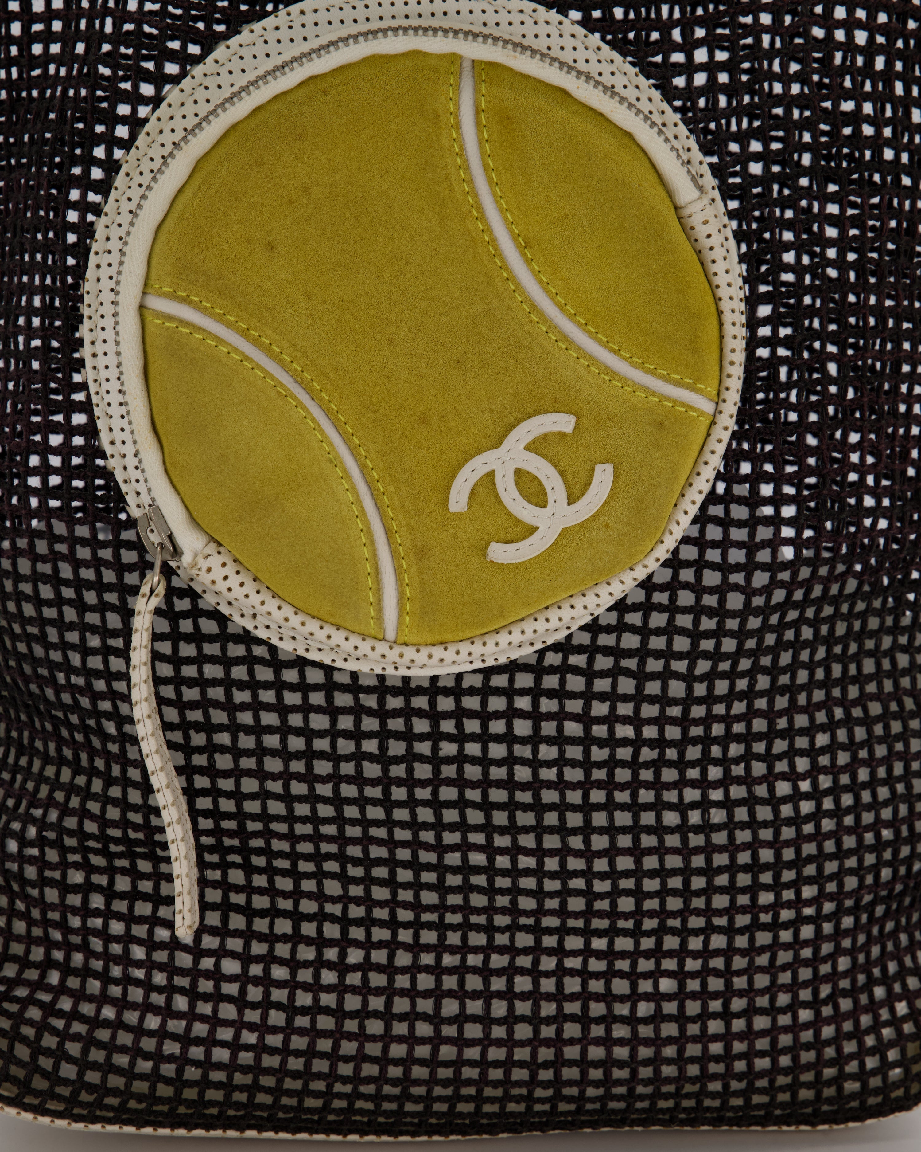 RARE Chanel Vintage Black 2004 Mesh Tennis Shopper Tote Bag with a Green Tennis Ball Pouch and CC Logo