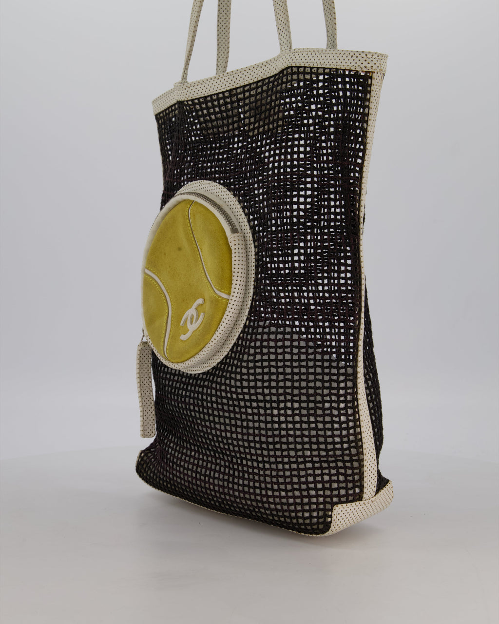 RARE Chanel Vintage Black 2004 Mesh Tennis Shopper Tote Bag with a Green Tennis Ball Pouch and CC Logo