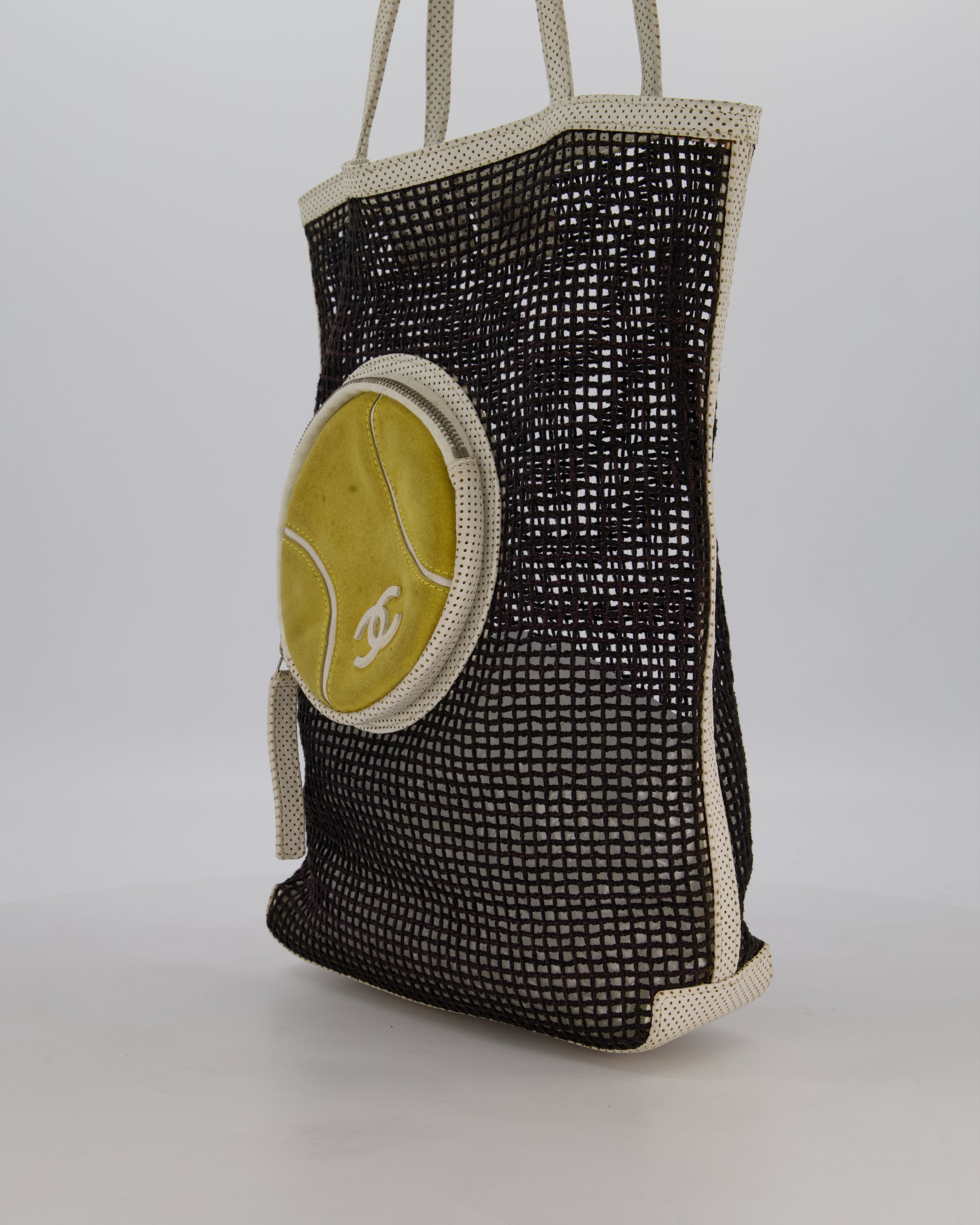 RARE Chanel Vintage Black 2004 Mesh Tennis Shopper Tote Bag with a Green Tennis Ball Pouch and CC Logo