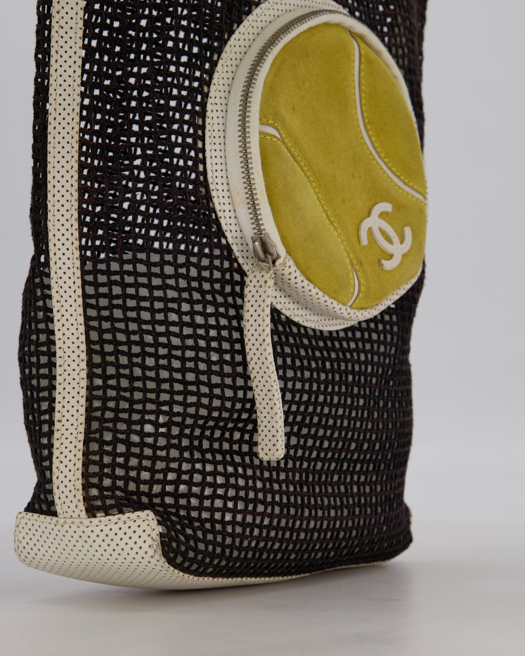 RARE Chanel Vintage Black 2004 Mesh Tennis Shopper Tote Bag with a Green Tennis Ball Pouch and CC Logo