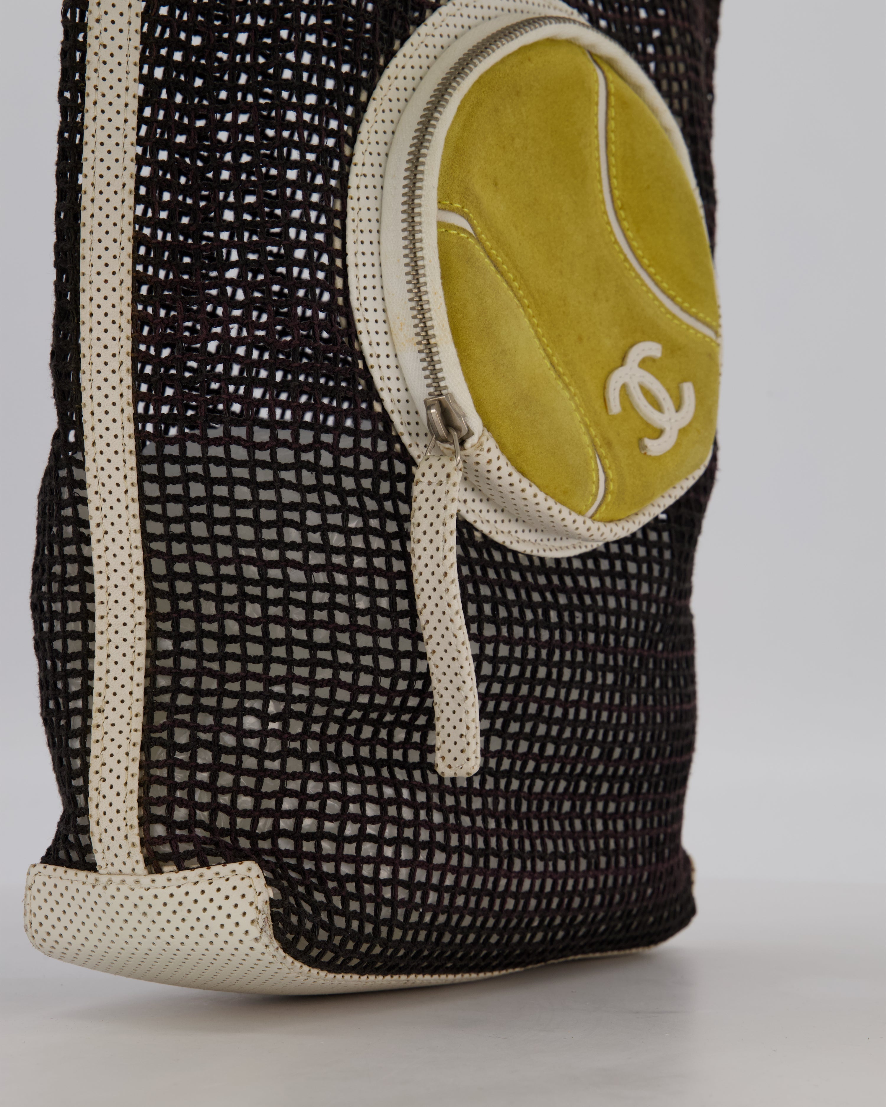 RARE Chanel Vintage Black 2004 Mesh Tennis Shopper Tote Bag with a Green Tennis Ball Pouch and CC Logo
