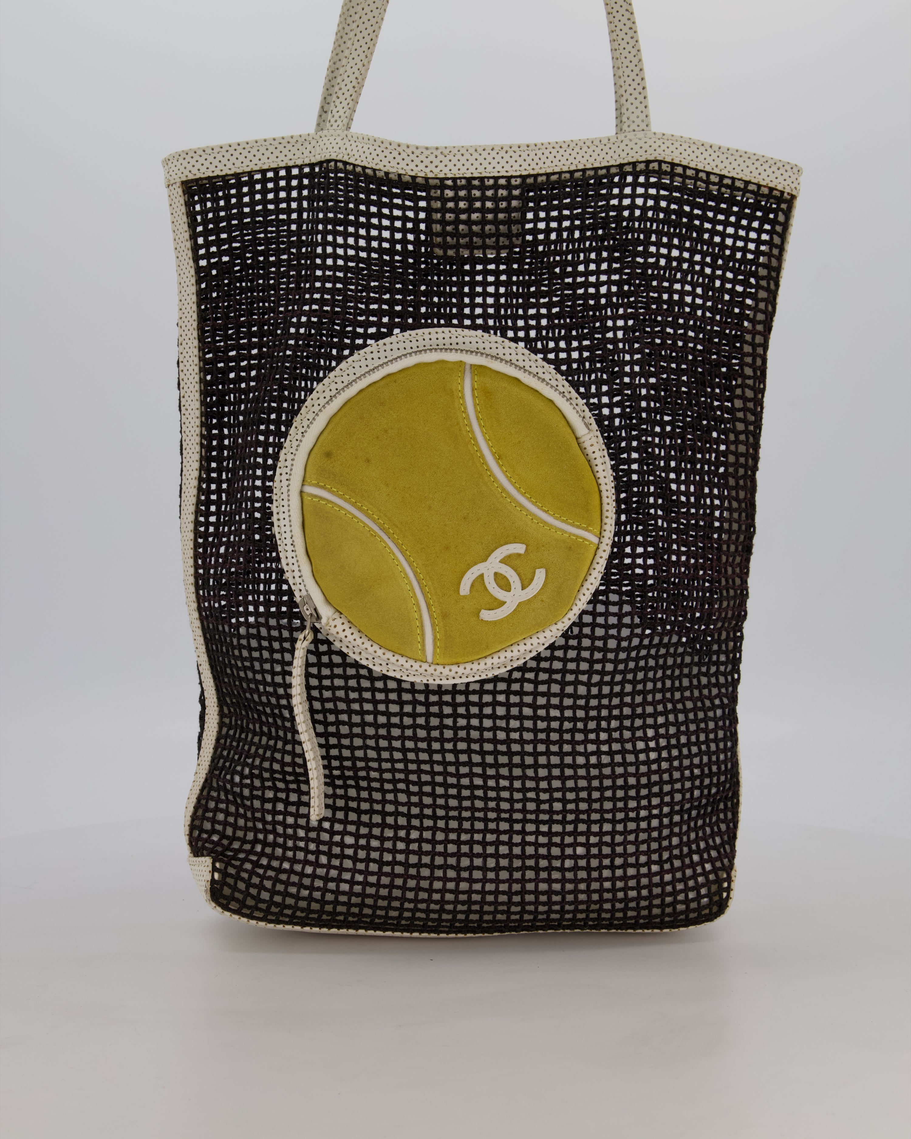 RARE Chanel Vintage Black 2004 Mesh Tennis Shopper Tote Bag with a Green Tennis Ball Pouch and CC Logo
