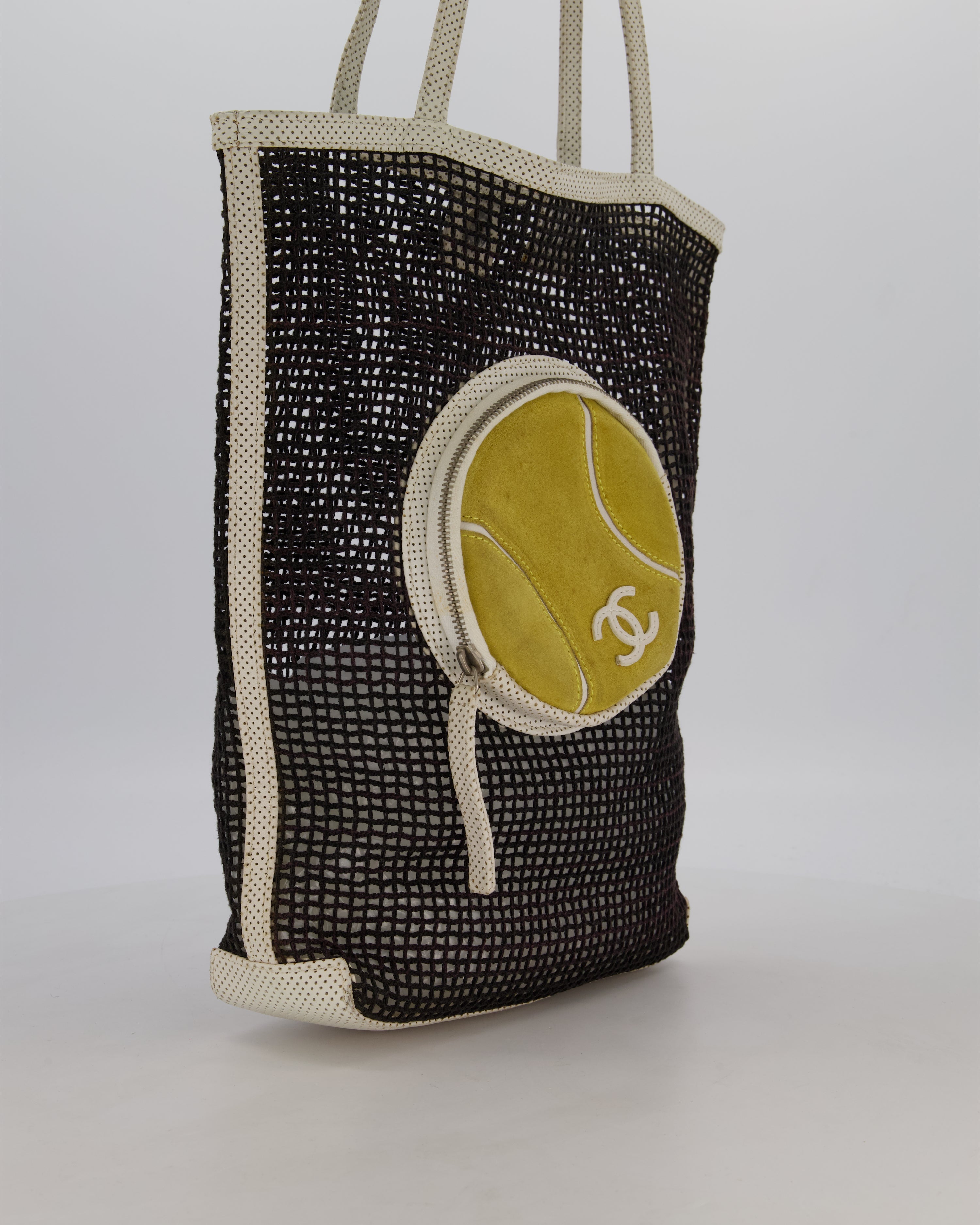 RARE Chanel Vintage Black 2004 Mesh Tennis Shopper Tote Bag with a Green Tennis Ball Pouch and CC Logo