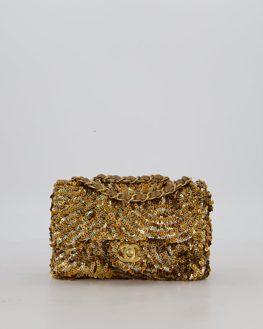 Chanel Classic Single Flap Bag in Metallic Gold and Silver Sequin with Gold Hardware