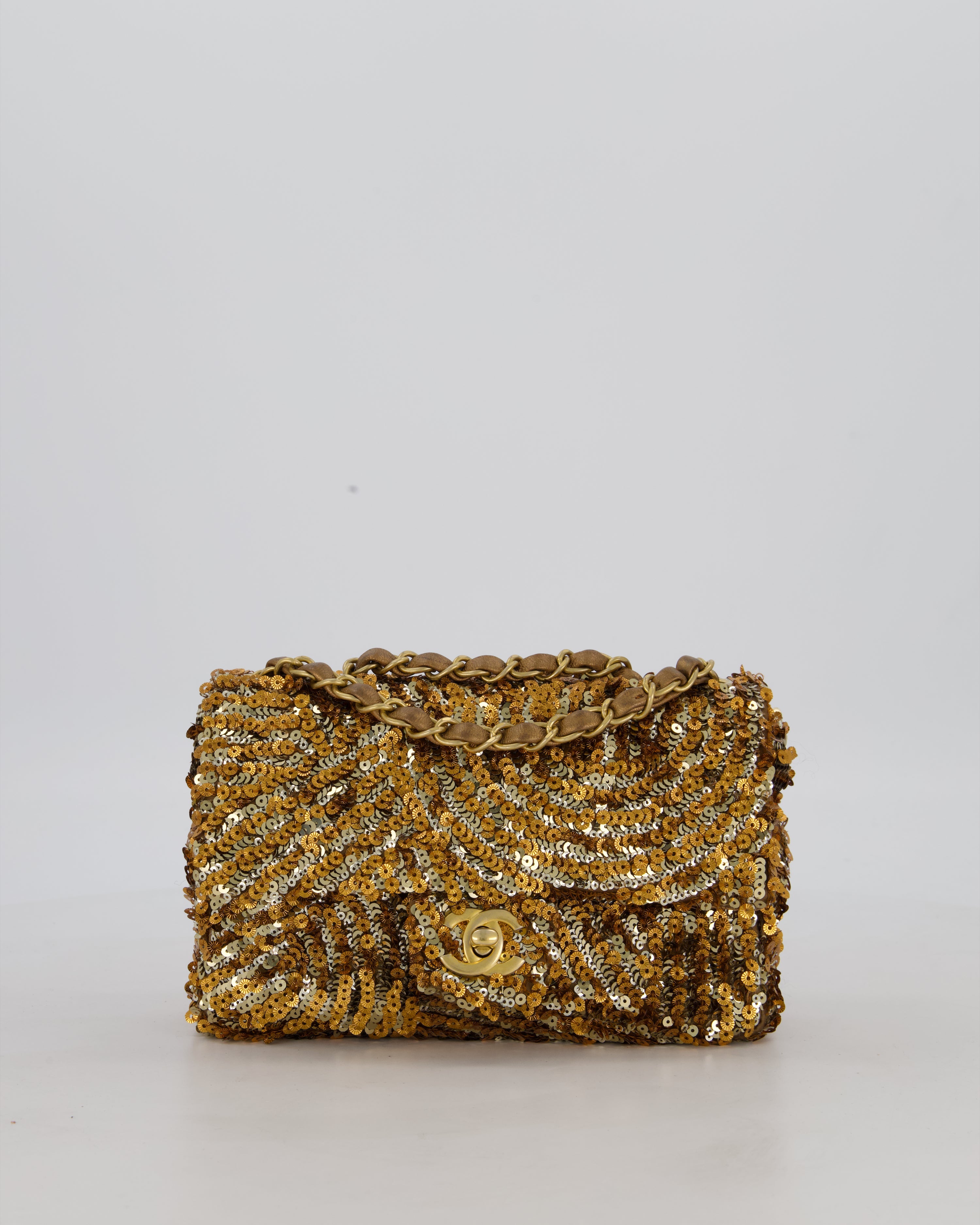 Chanel Classic Single Flap Bag in Metallic Gold and Silver Sequin with Gold Hardware