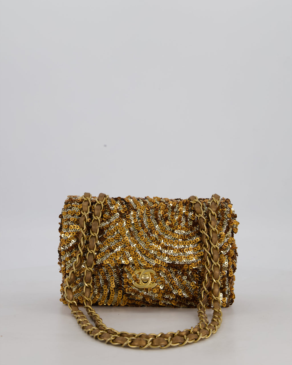 Chanel Classic Single Flap Bag in Metallic Gold and Silver Sequin with Gold Hardware