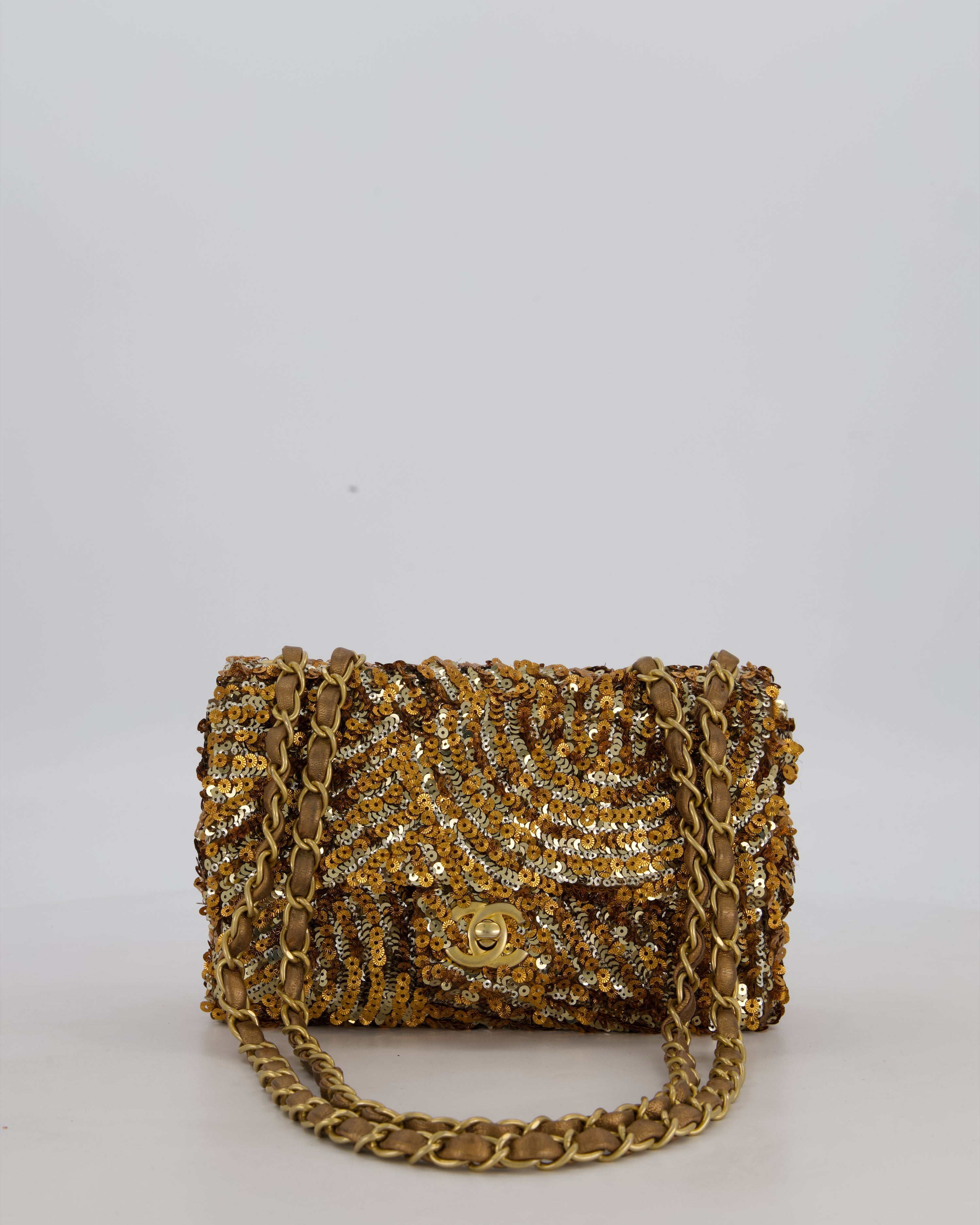 Chanel Classic Single Flap Bag in Metallic Gold and Silver Sequin with Gold Hardware