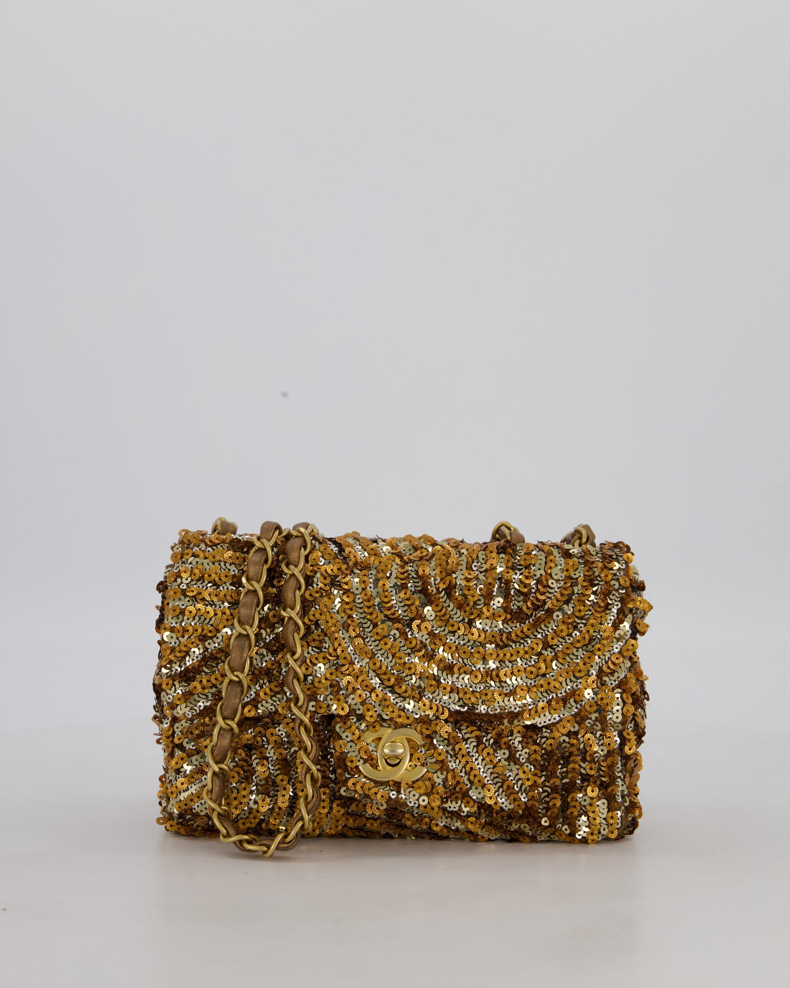 Chanel Classic Single Flap Bag in Metallic Gold and Silver Sequin with Gold Hardware