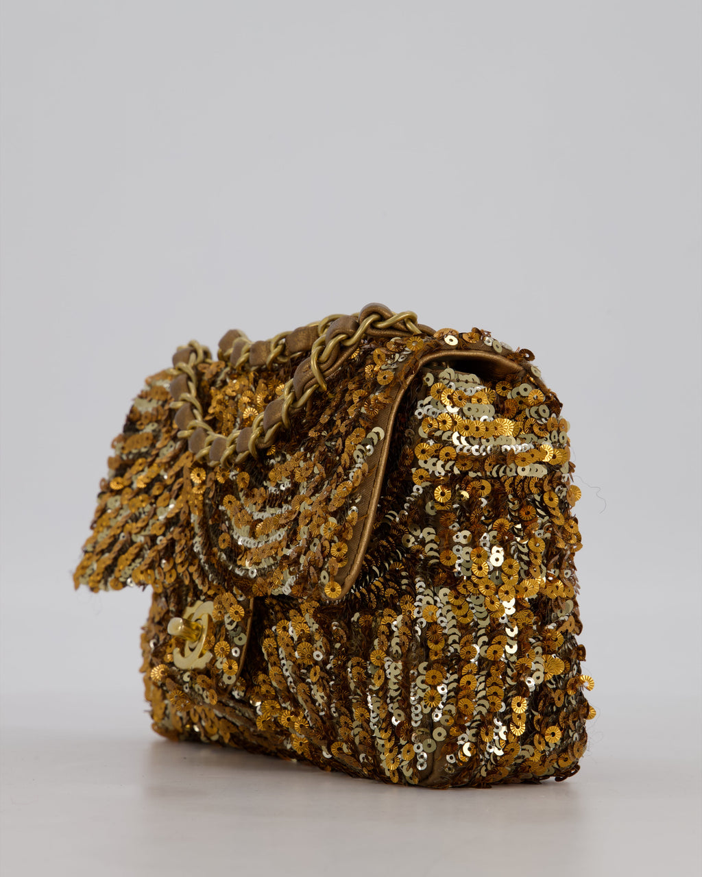 Chanel Classic Single Flap Bag in Metallic Gold and Silver Sequin with Gold Hardware
