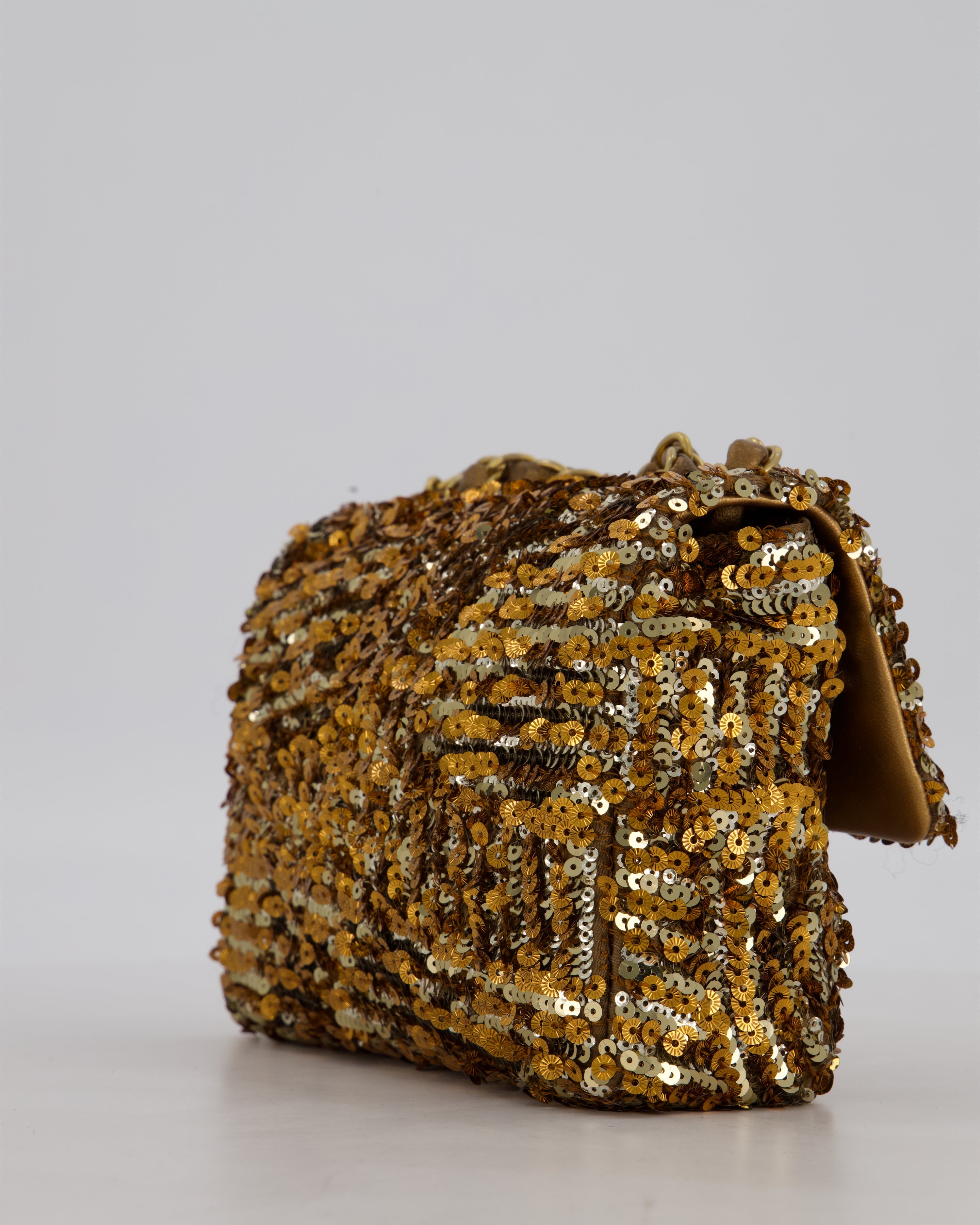 Chanel Classic Single Flap Bag in Metallic Gold and Silver Sequin with Gold Hardware