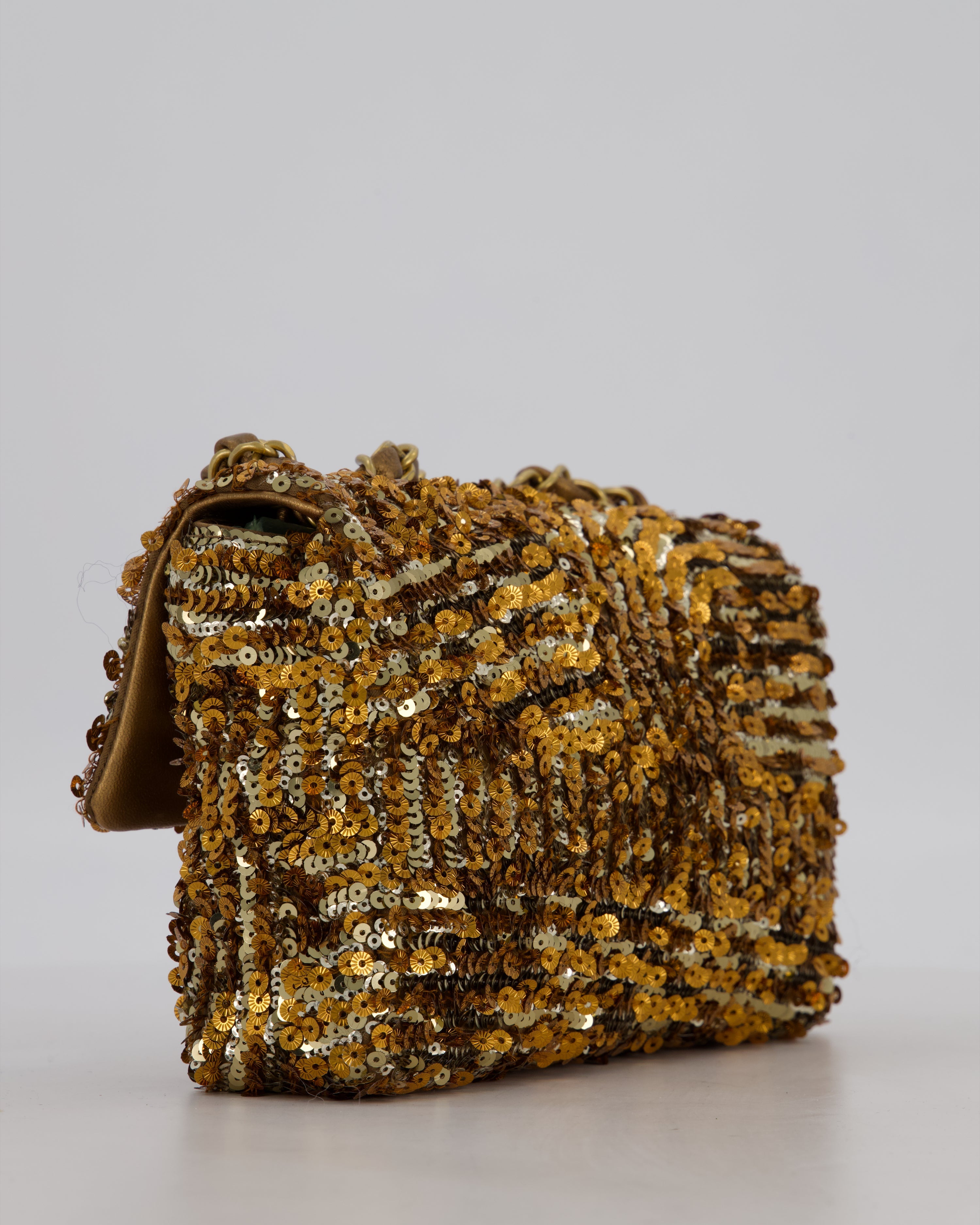 Chanel Classic Single Flap Bag in Metallic Gold and Silver Sequin with Gold Hardware