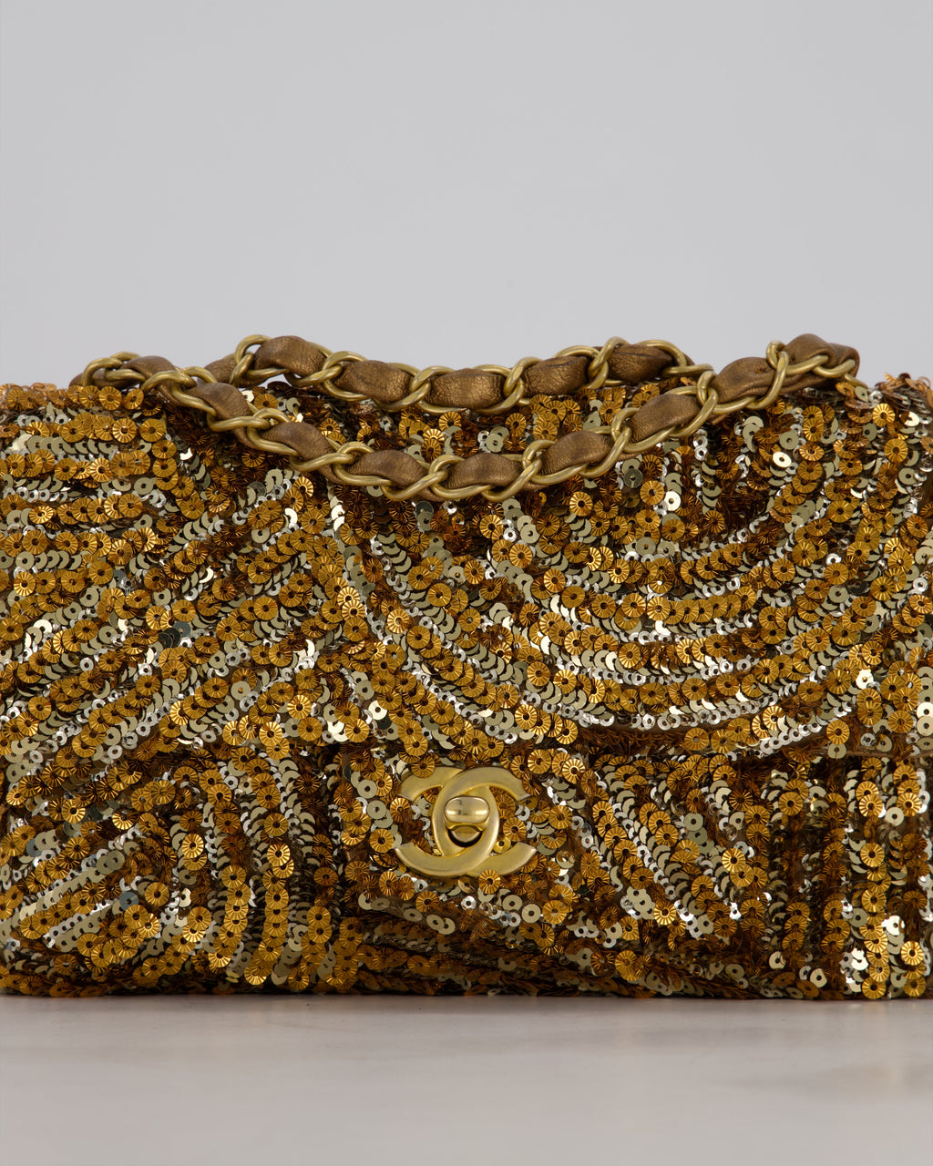 Chanel Classic Single Flap Bag in Metallic Gold and Silver Sequin with Gold Hardware