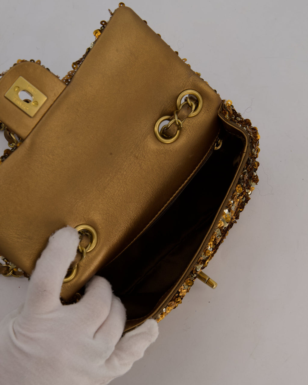 Chanel Classic Single Flap Bag in Metallic Gold and Silver Sequin with Gold Hardware