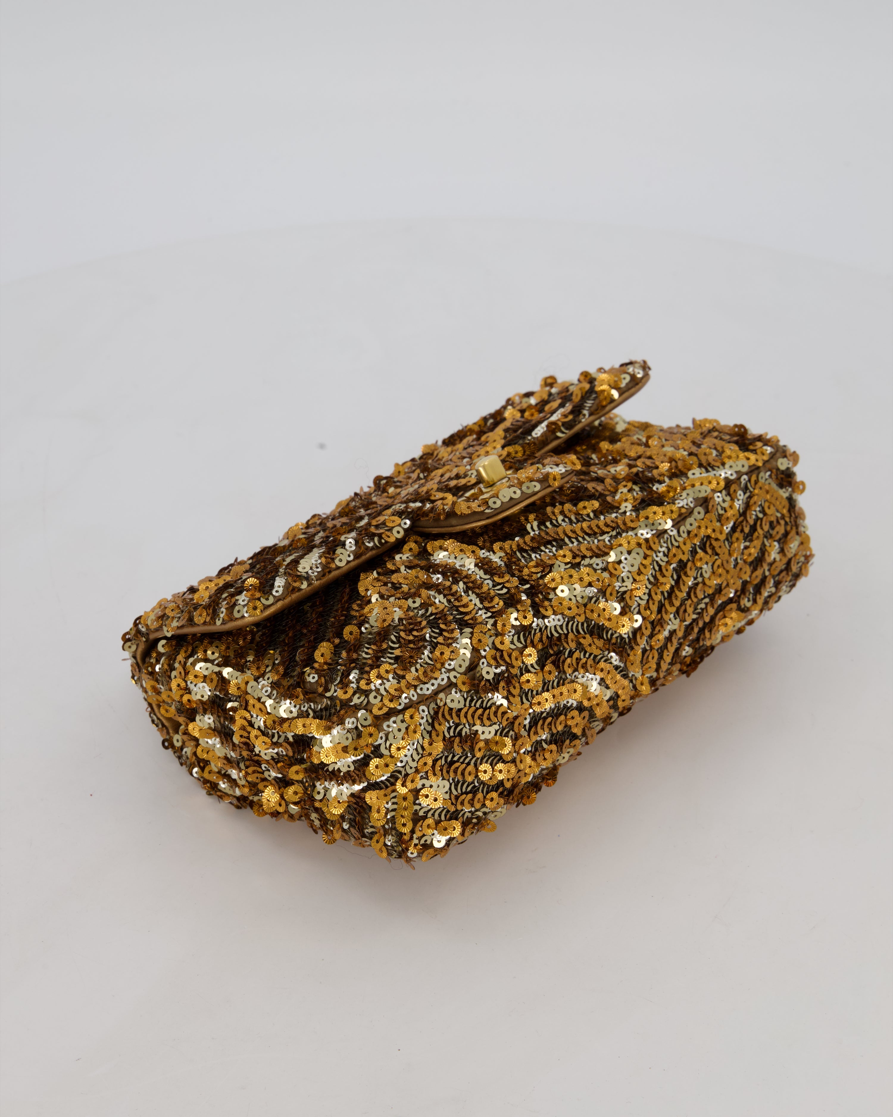 Chanel Classic Single Flap Bag in Metallic Gold and Silver Sequin with Gold Hardware