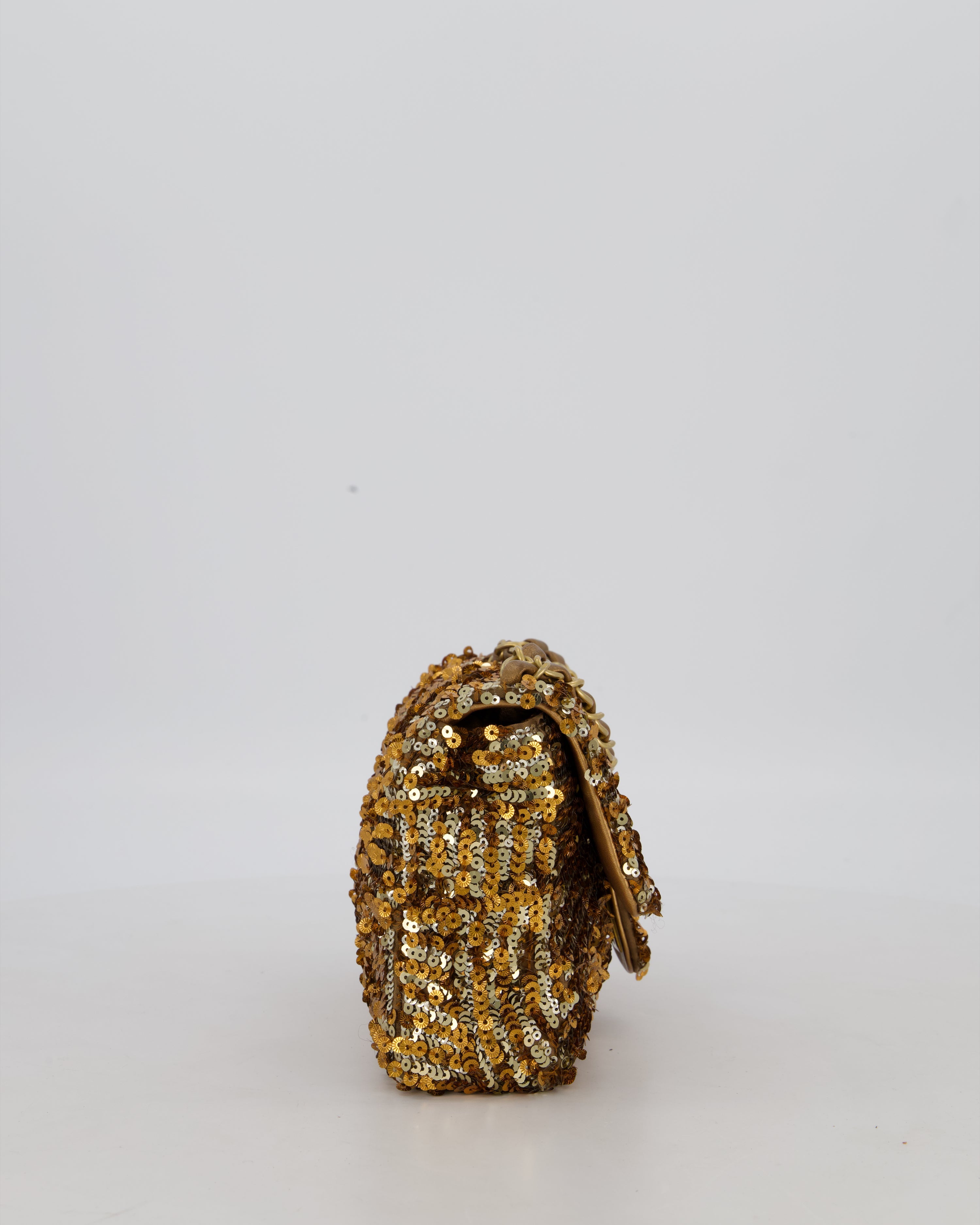 Chanel Classic Single Flap Bag in Metallic Gold and Silver Sequin with Gold Hardware