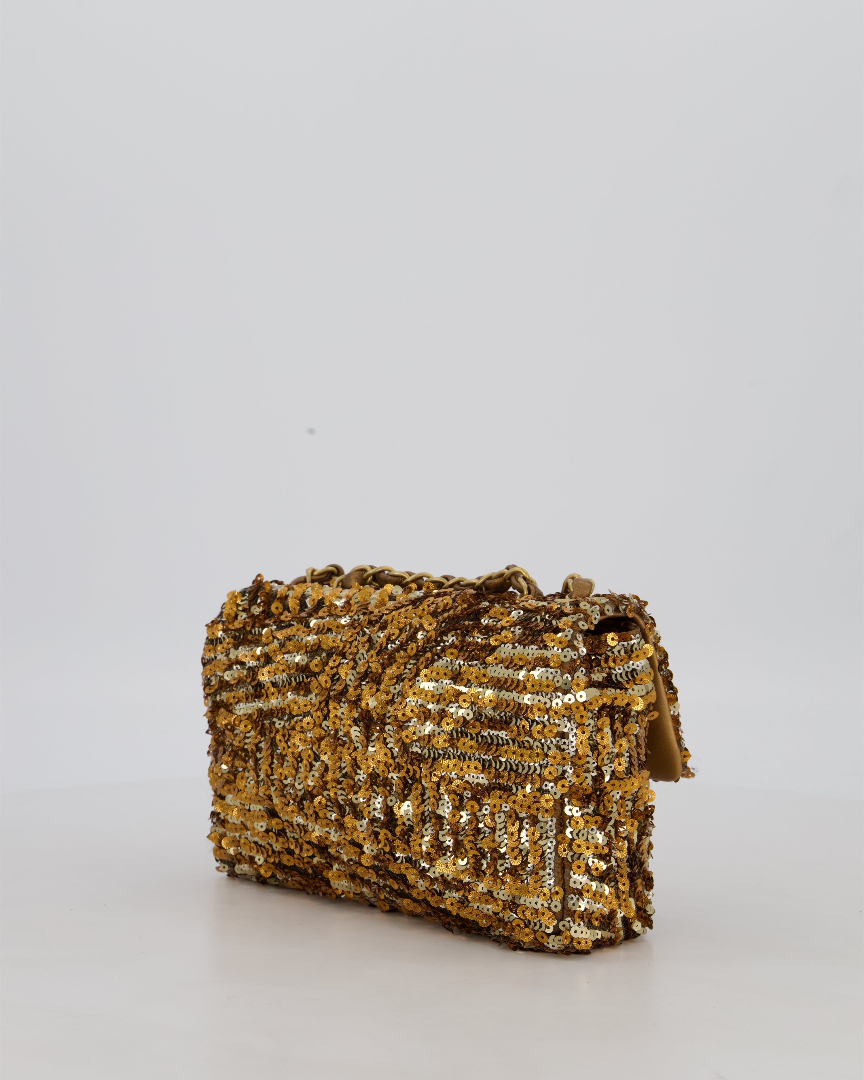Chanel Classic Single Flap Bag in Metallic Gold and Silver Sequin with Gold Hardware