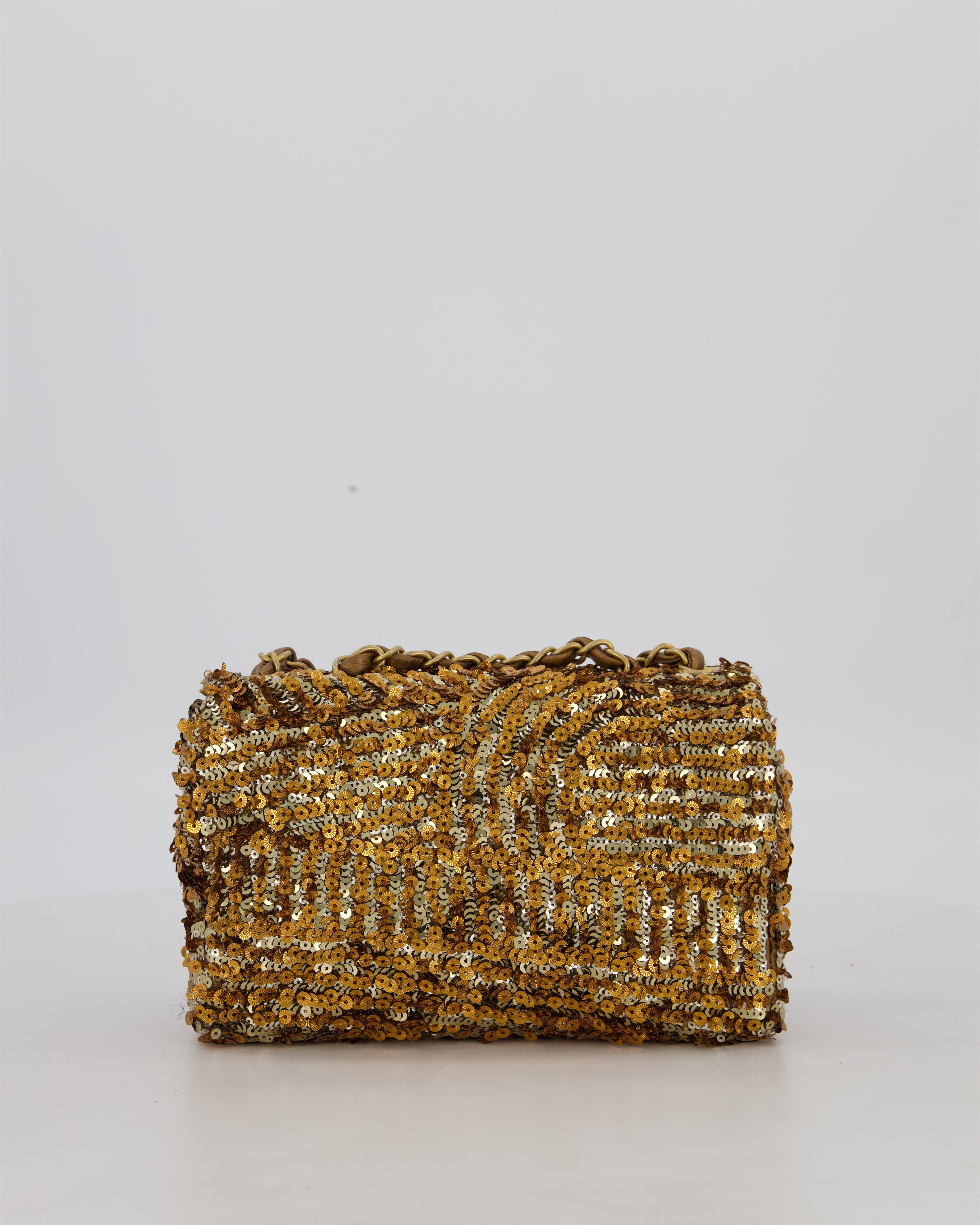 Chanel Classic Single Flap Bag in Metallic Gold and Silver Sequin with Gold Hardware