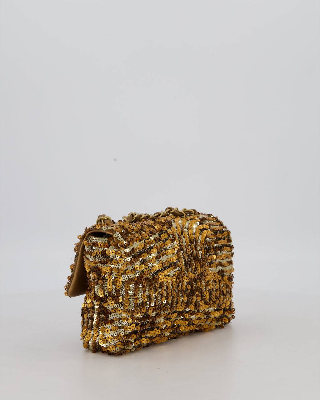 Chanel Classic Single Flap Bag in Metallic Gold and Silver Sequin with Gold Hardware