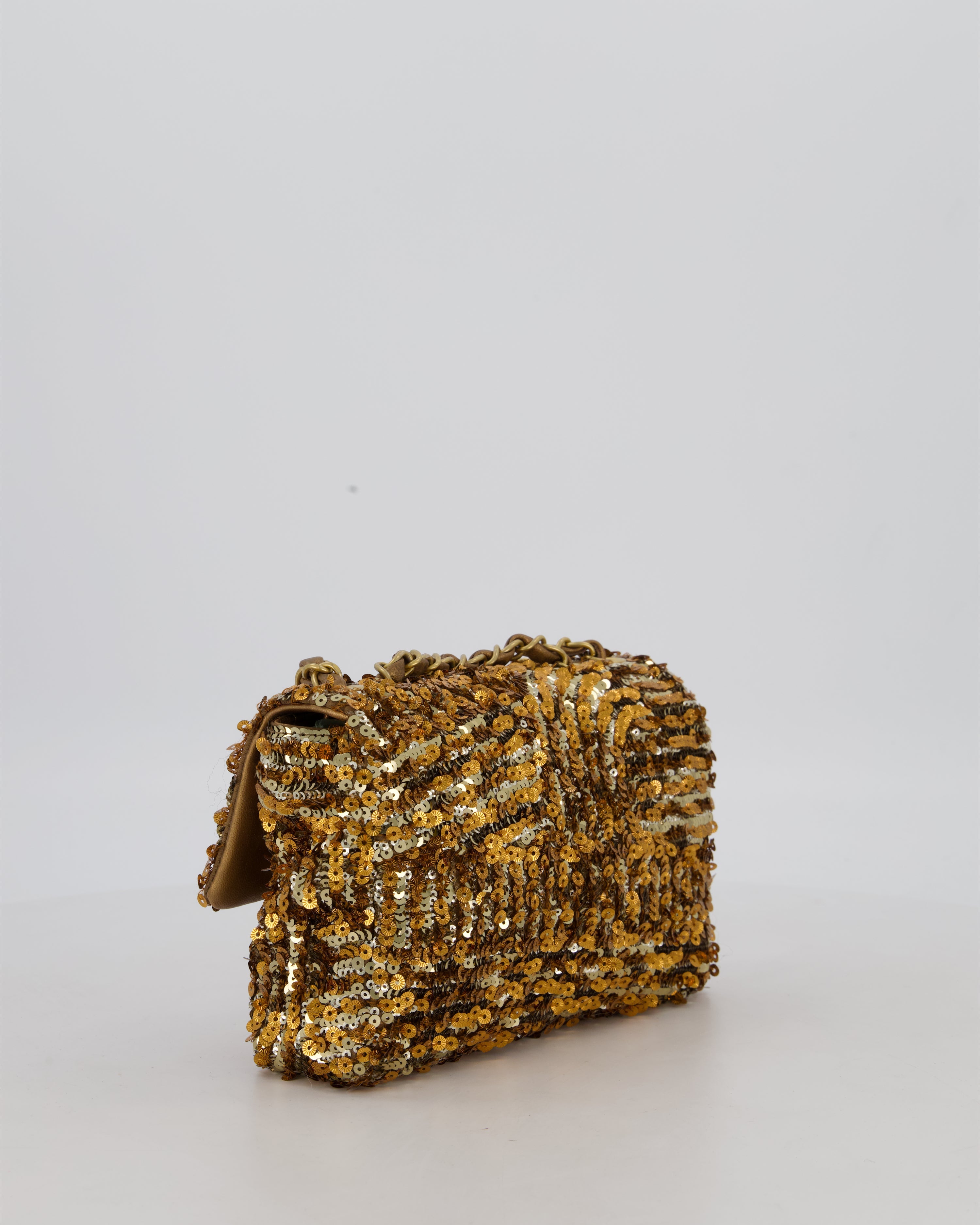 Chanel Classic Single Flap Bag in Metallic Gold and Silver Sequin with Gold Hardware