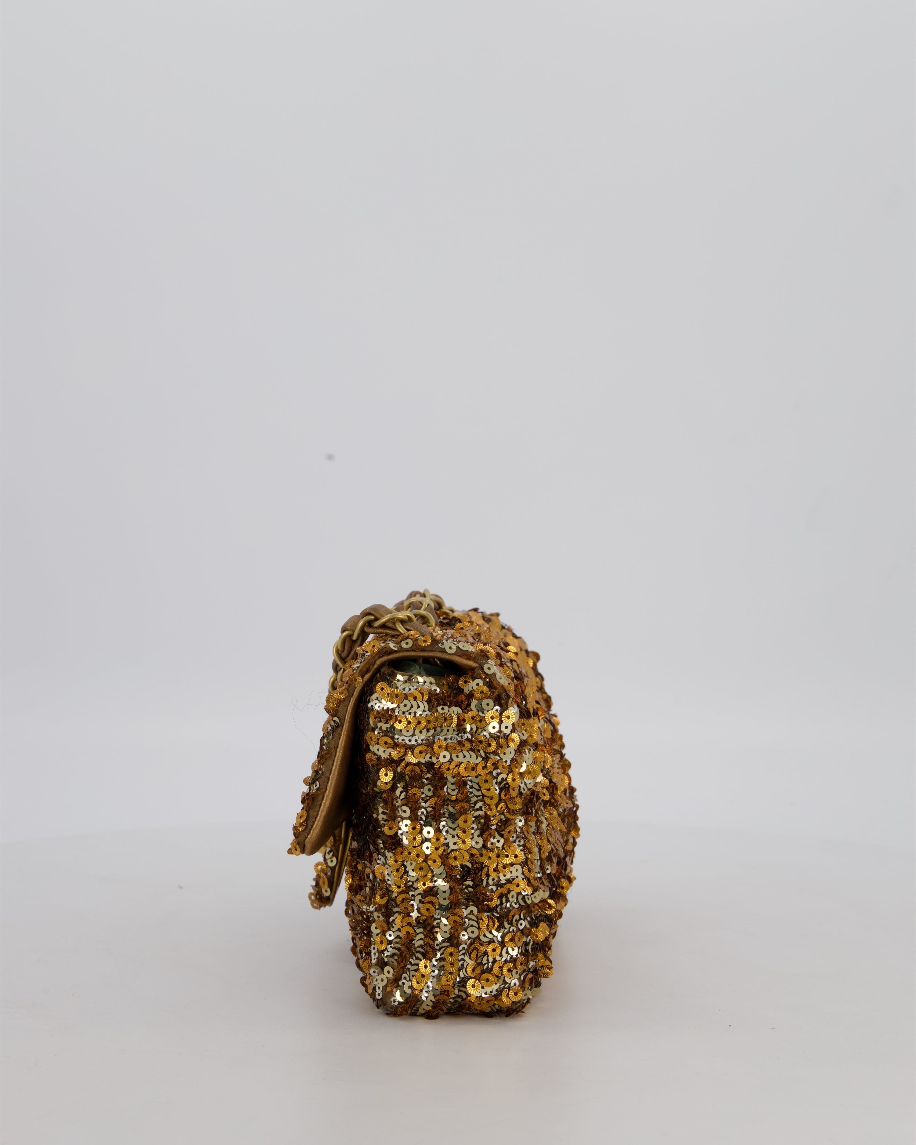 Chanel Classic Single Flap Bag in Metallic Gold and Silver Sequin with Gold Hardware