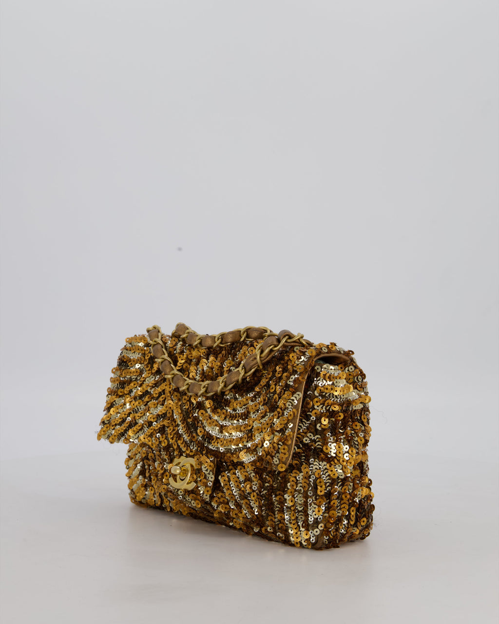 Chanel Classic Single Flap Bag in Metallic Gold and Silver Sequin with Gold Hardware
