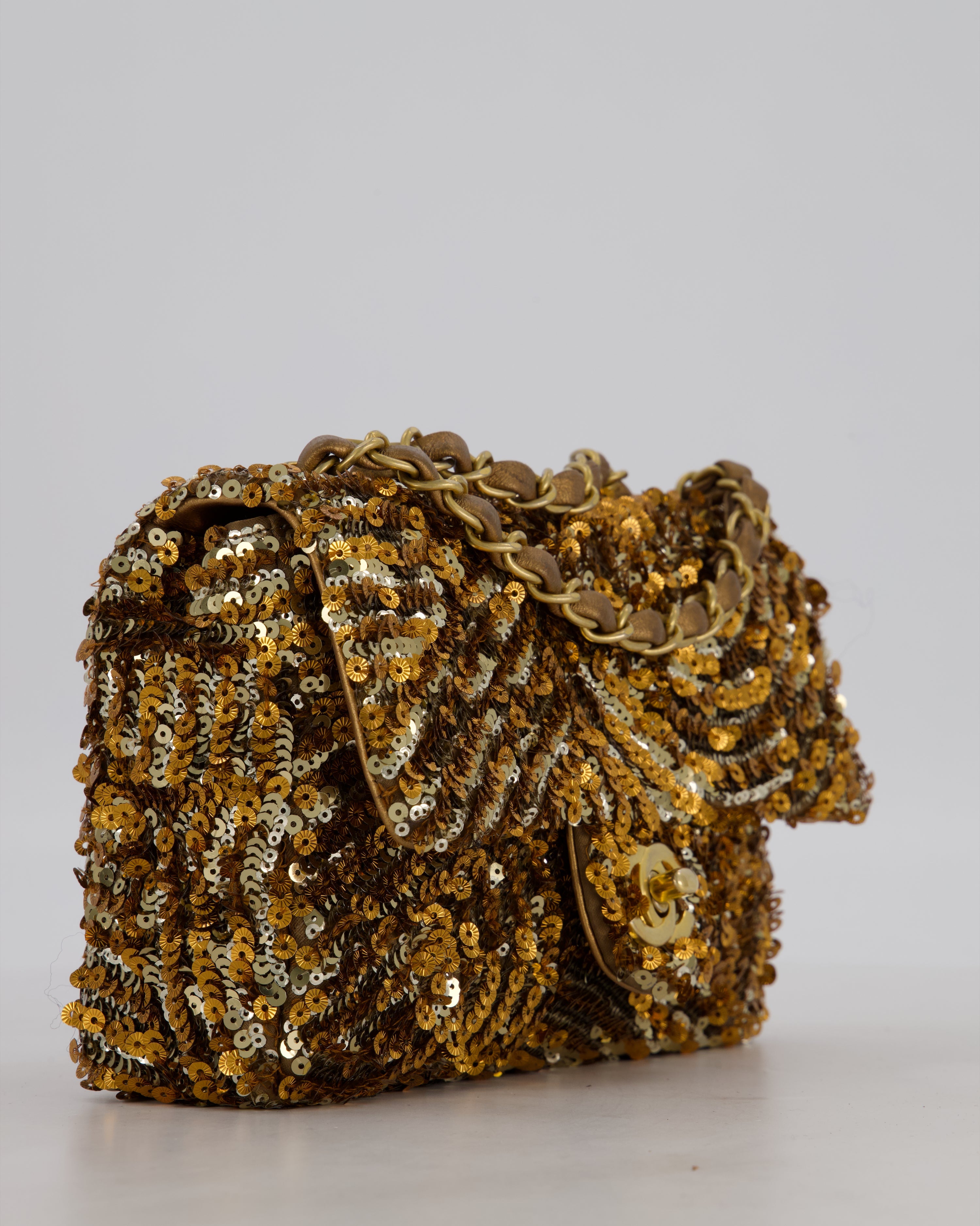 Chanel Classic Single Flap Bag in Metallic Gold and Silver Sequin with Gold Hardware