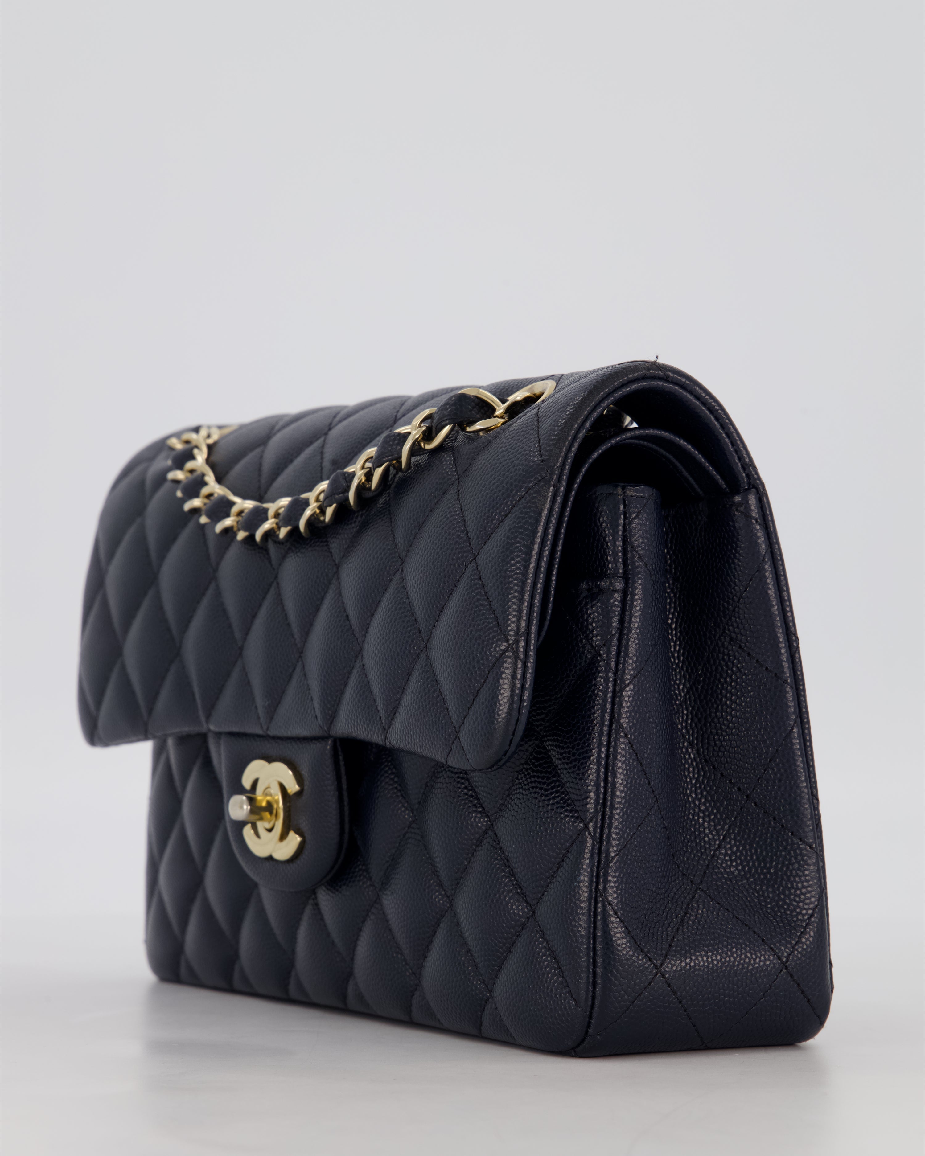 Chanel Navy Small Classic Double Flap Bag in Caviar Leather with Champagne Gold Hardware