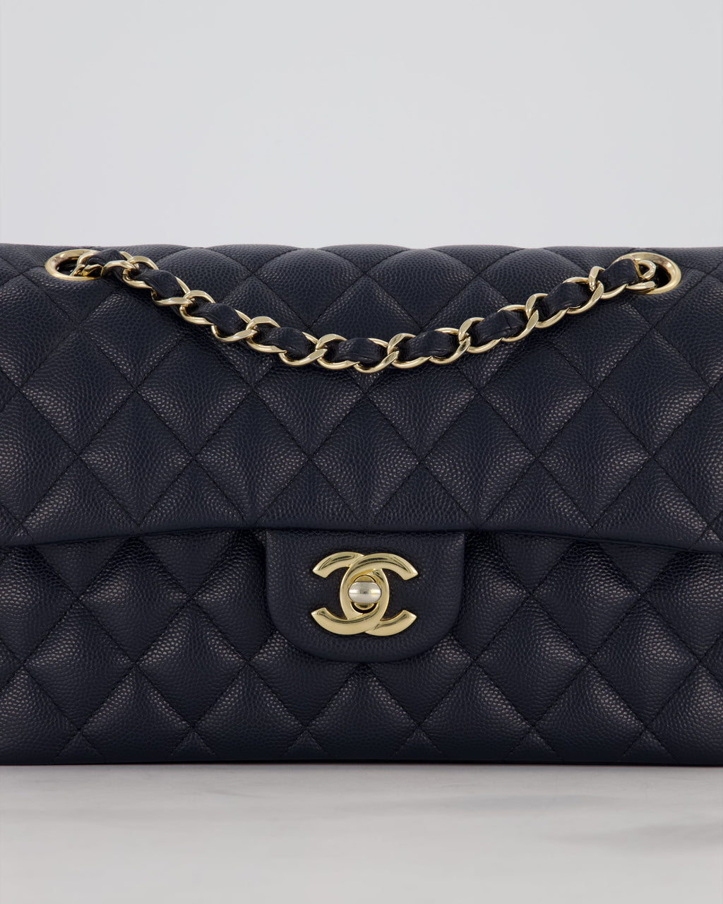 Chanel Navy Small Classic Double Flap Bag in Caviar Leather with Champagne Gold Hardware