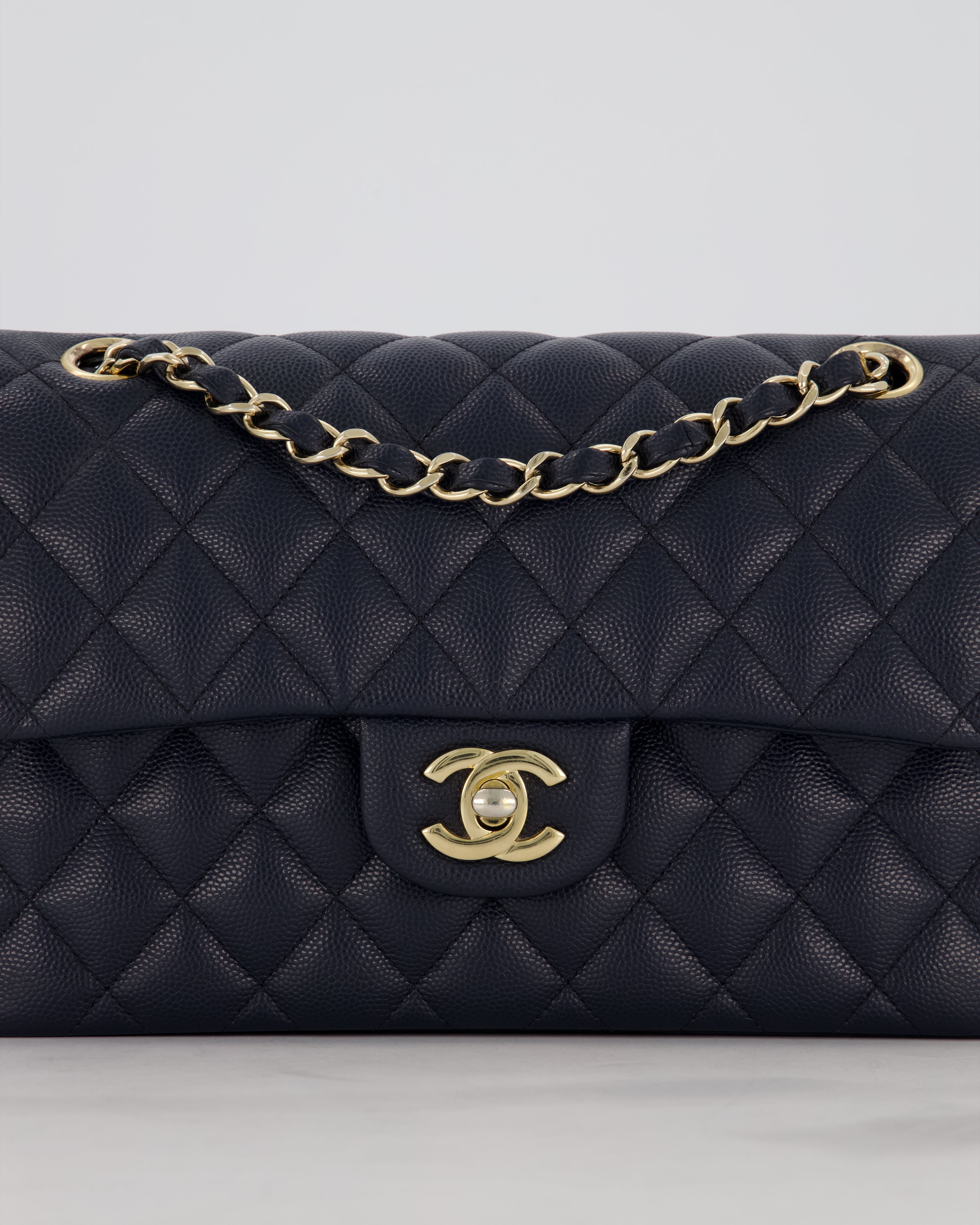 Chanel Navy Small Classic Double Flap Bag in Caviar Leather with Champagne Gold Hardware