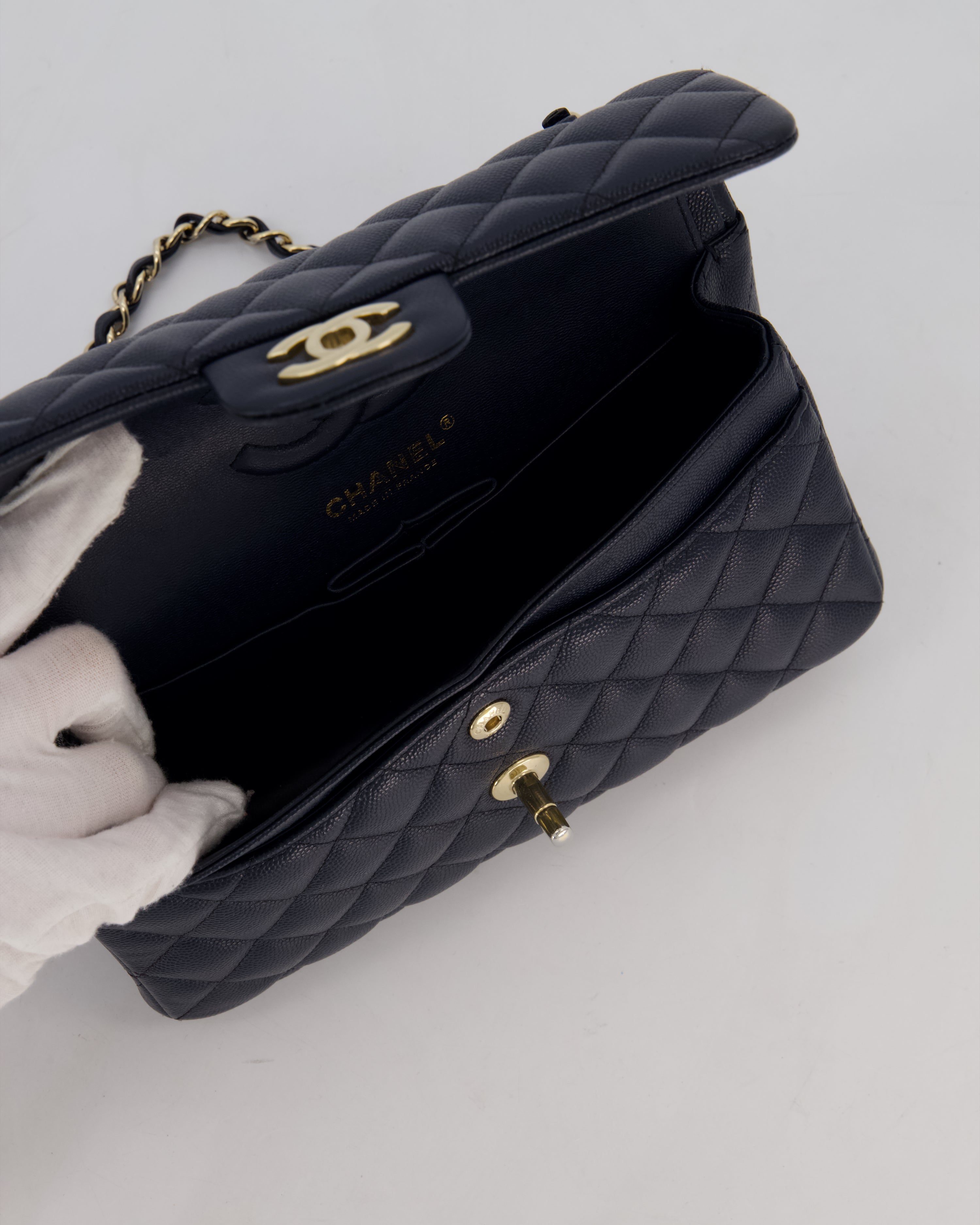 Chanel Navy Small Classic Double Flap Bag in Caviar Leather with Champagne Gold Hardware