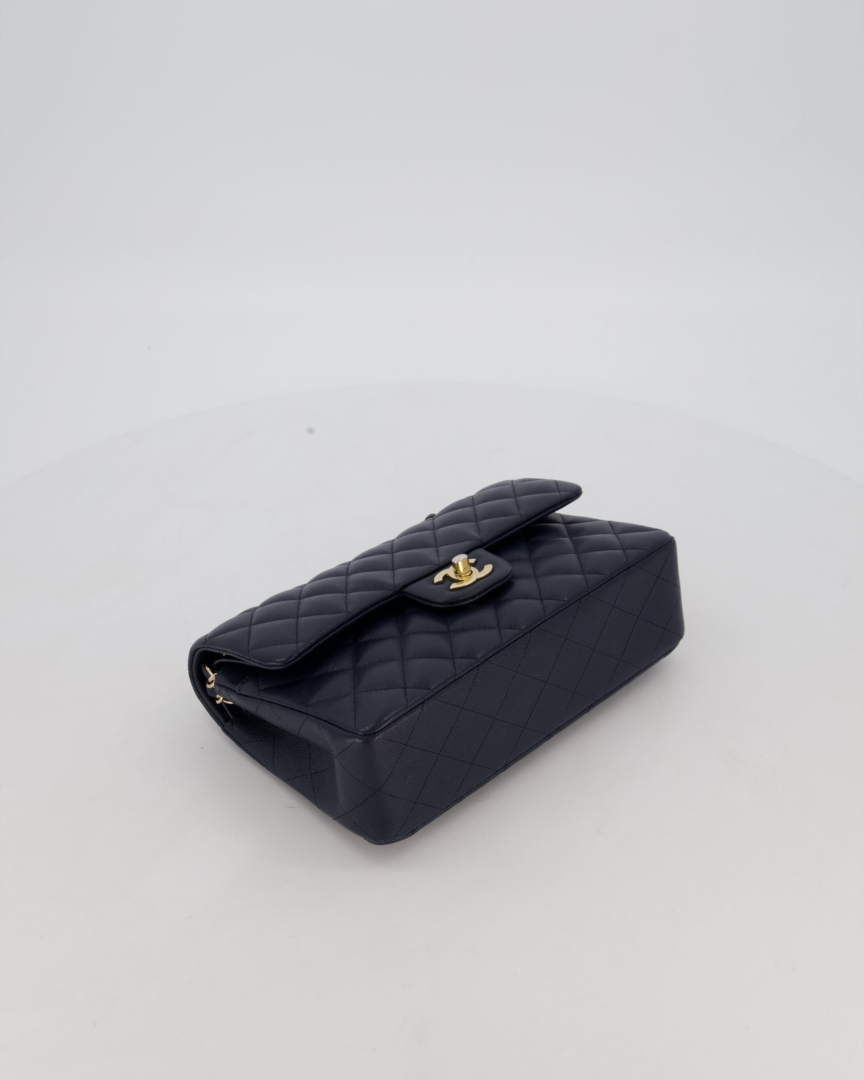 Chanel Navy Small Classic Double Flap Bag in Caviar Leather with Champagne Gold Hardware
