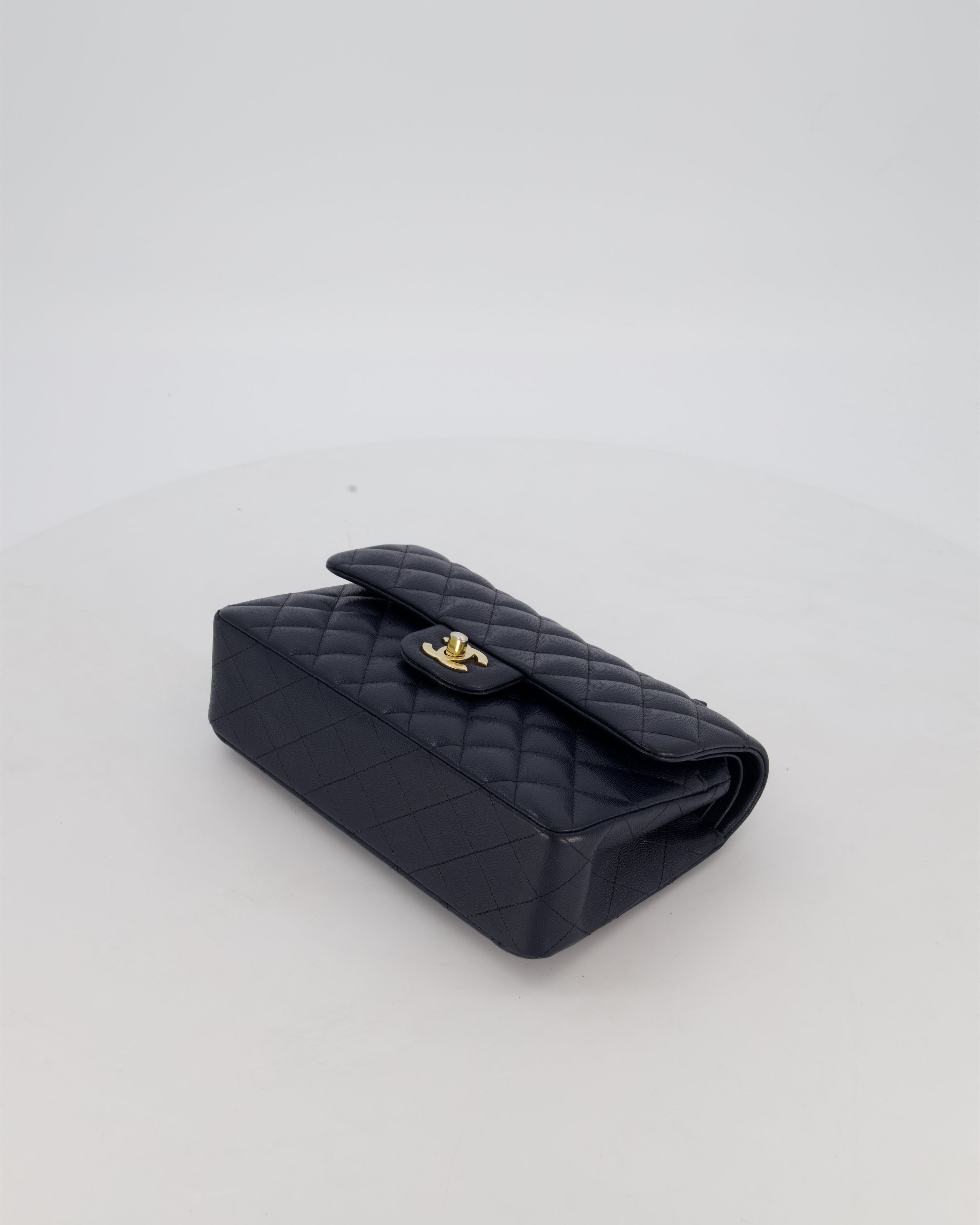 Chanel Navy Small Classic Double Flap Bag in Caviar Leather with Champagne Gold Hardware