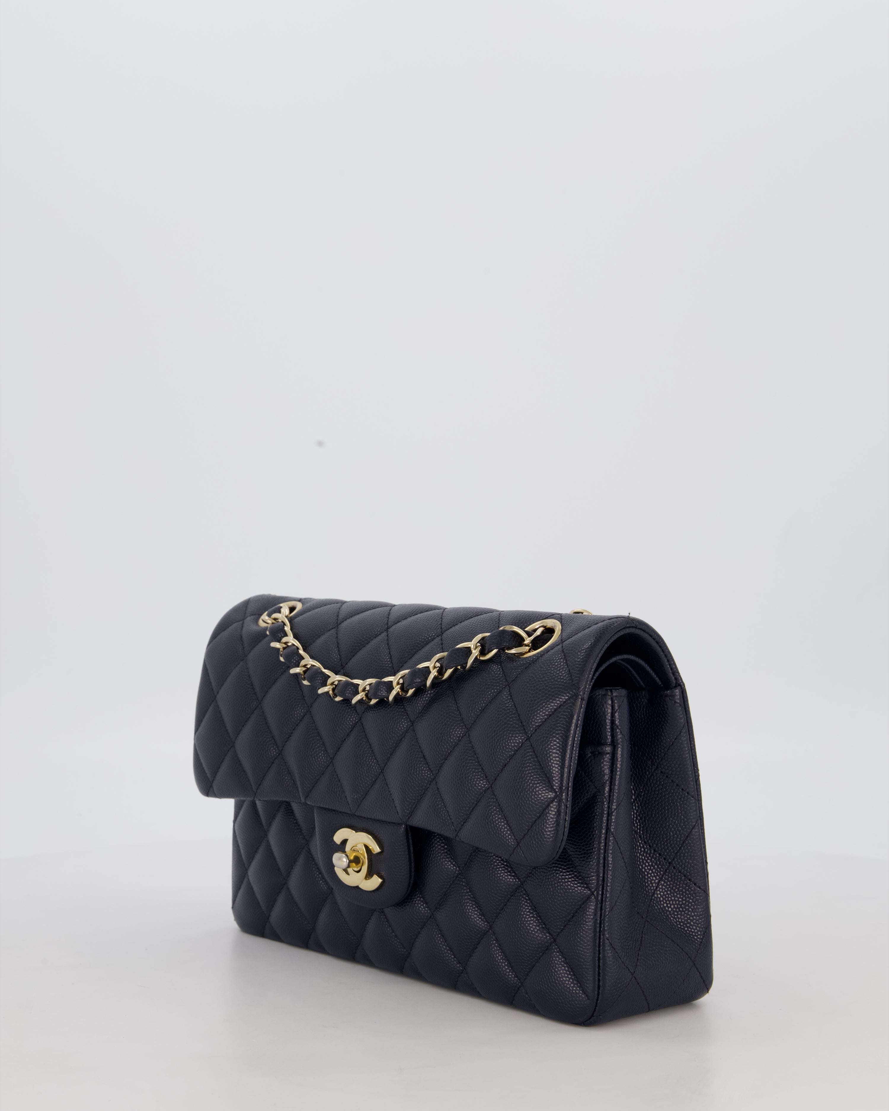 Chanel Navy Small Classic Double Flap Bag in Caviar Leather with Champagne Gold Hardware