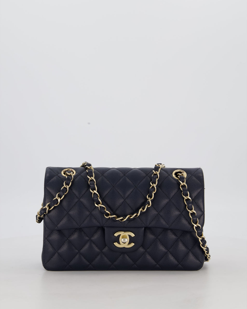 Chanel Navy Small Classic Double Flap Bag in Caviar Leather with Champagne Gold Hardware