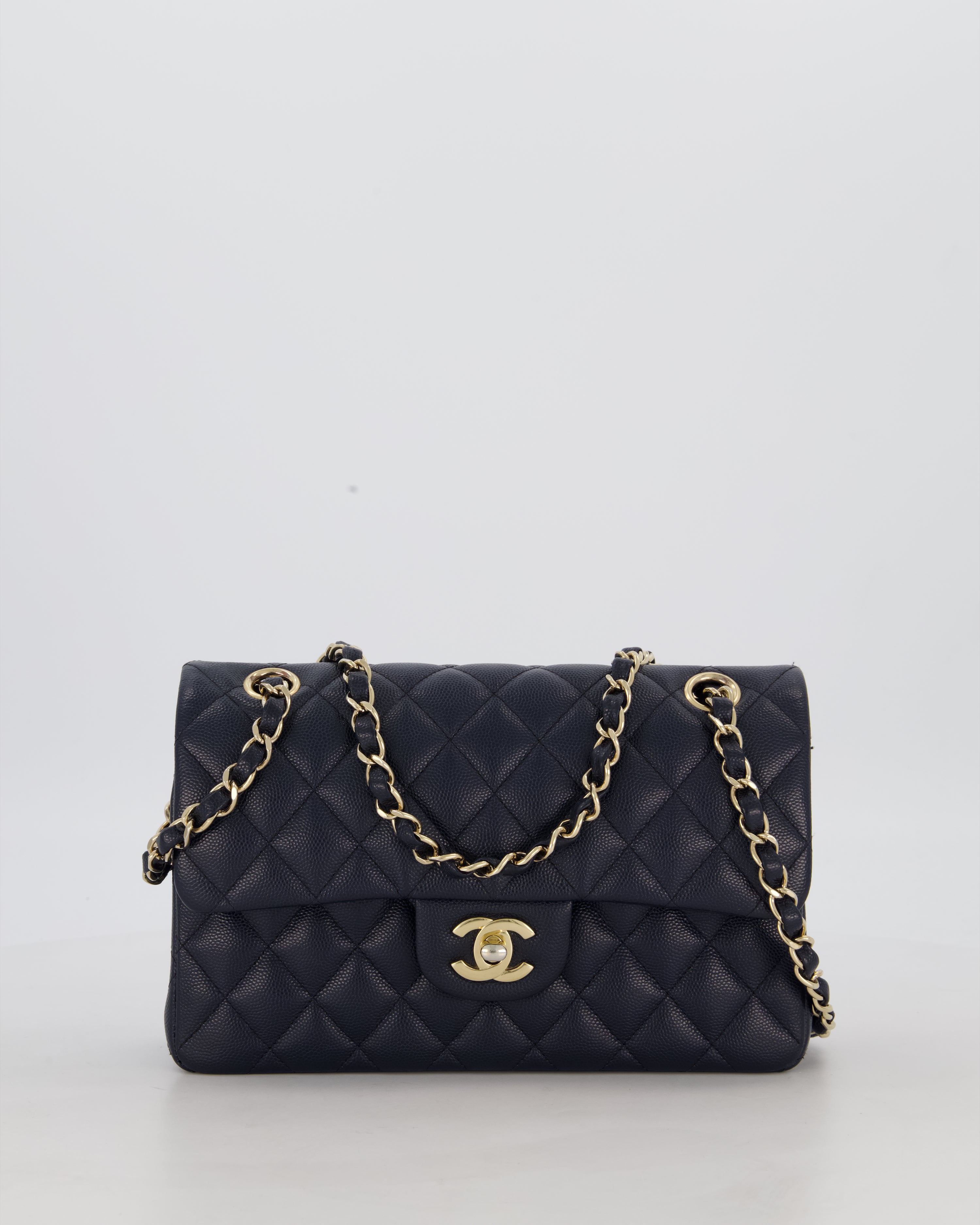 Chanel Navy Small Classic Double Flap Bag in Caviar Leather with Champagne Gold Hardware