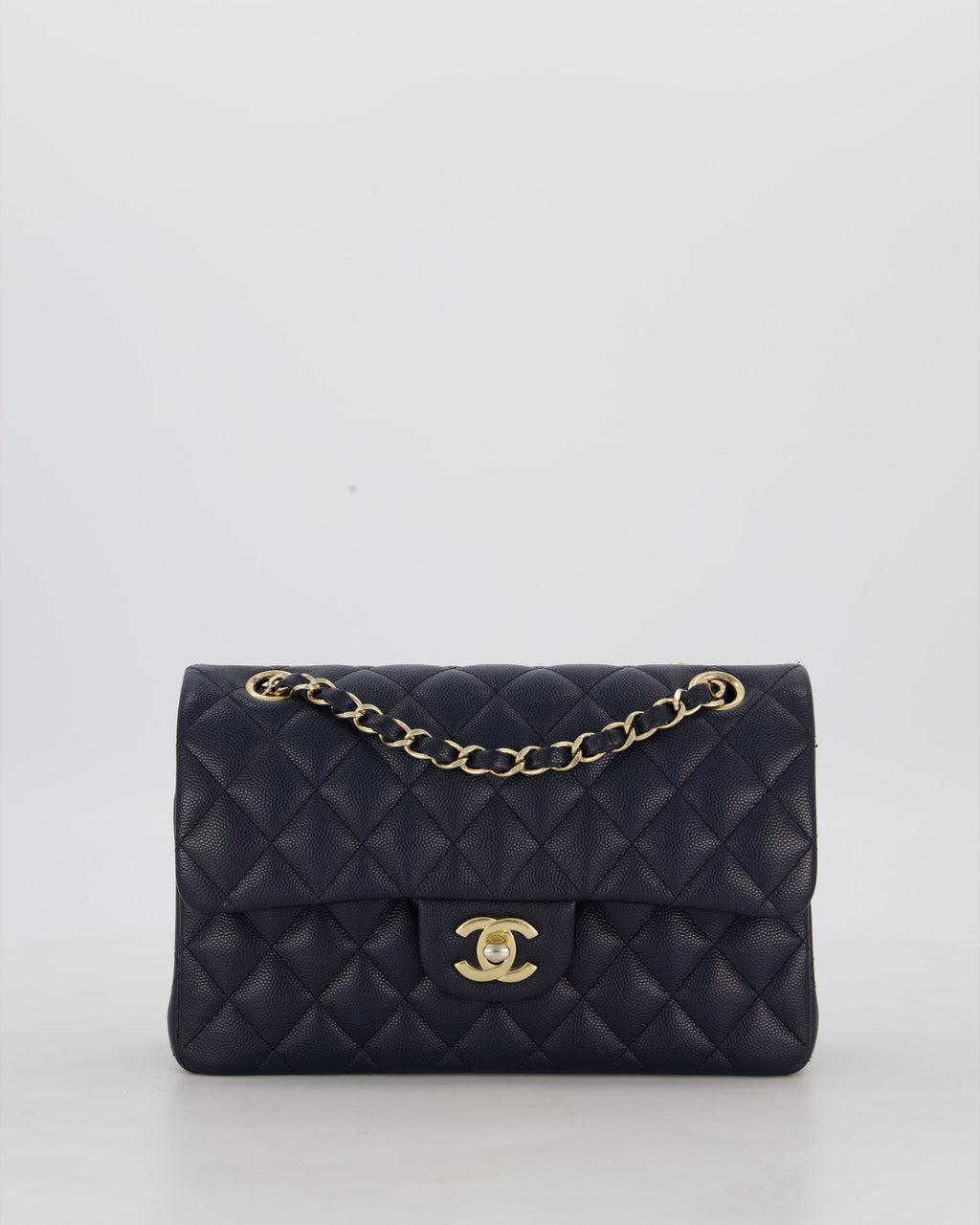 Chanel Navy Small Classic Double Flap Bag in Caviar Leather with Champagne Gold Hardware
